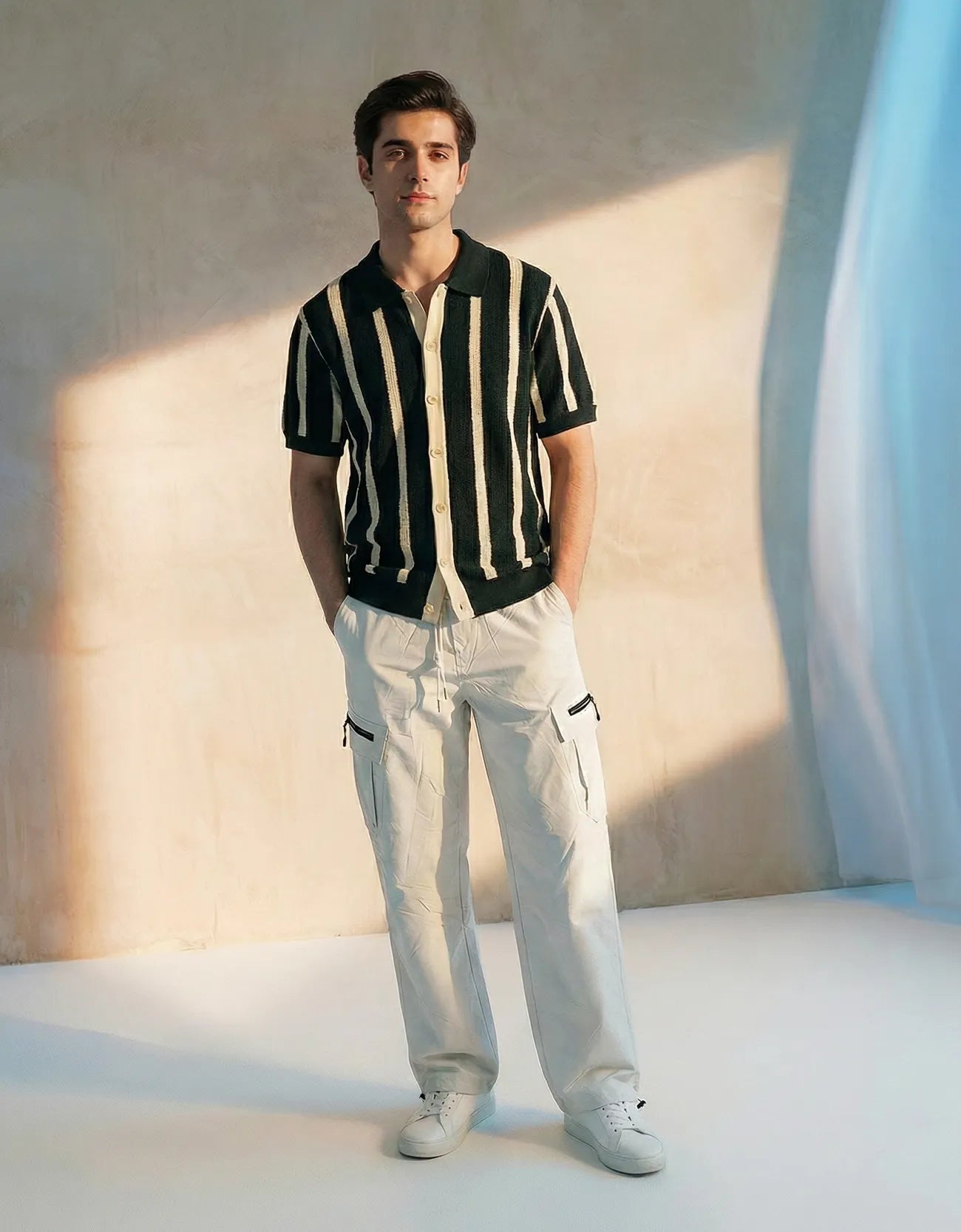 STRIPPED KNITTED CAMP COLLAR SHIRT