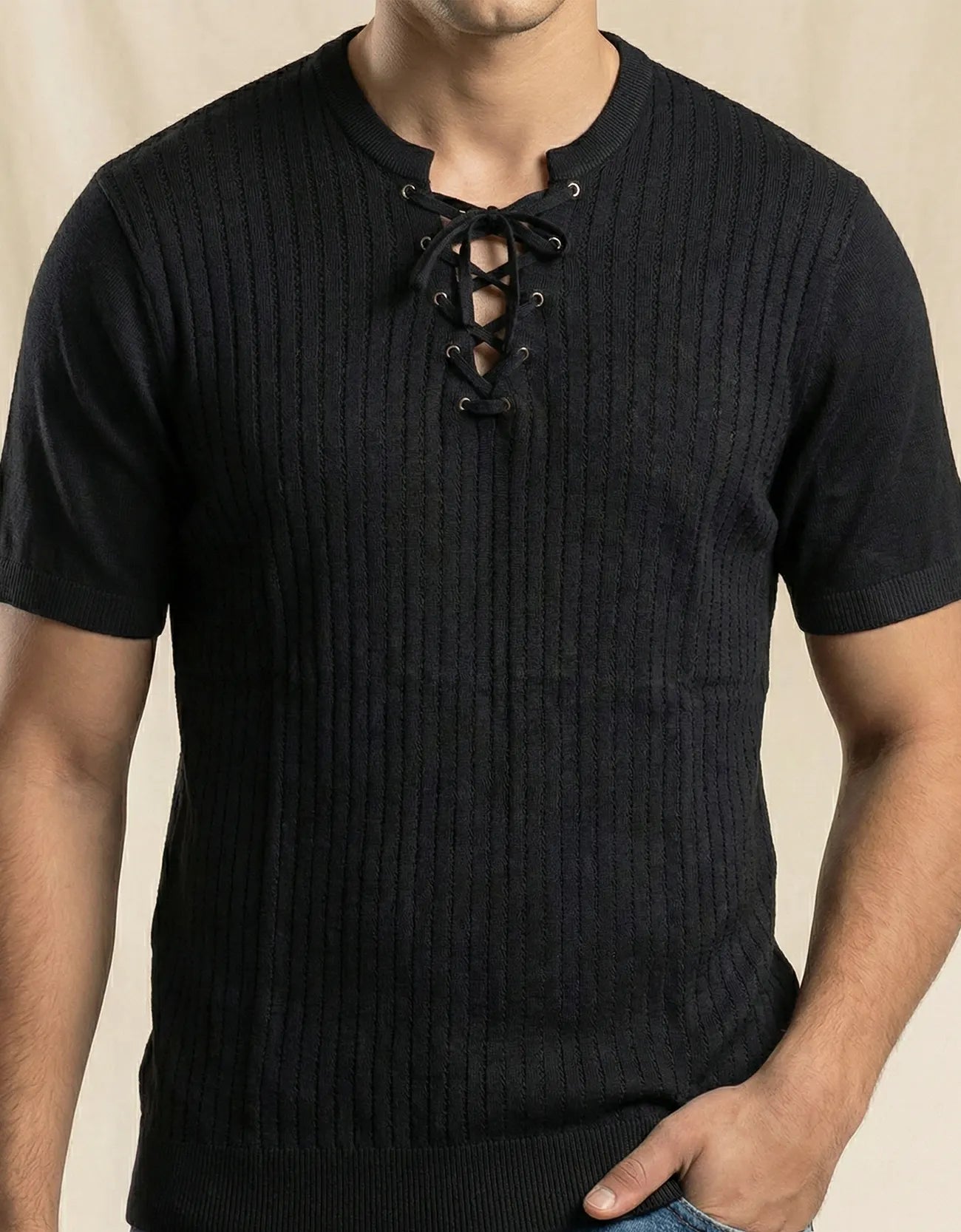 KNITTED LACE-UP SHIRT