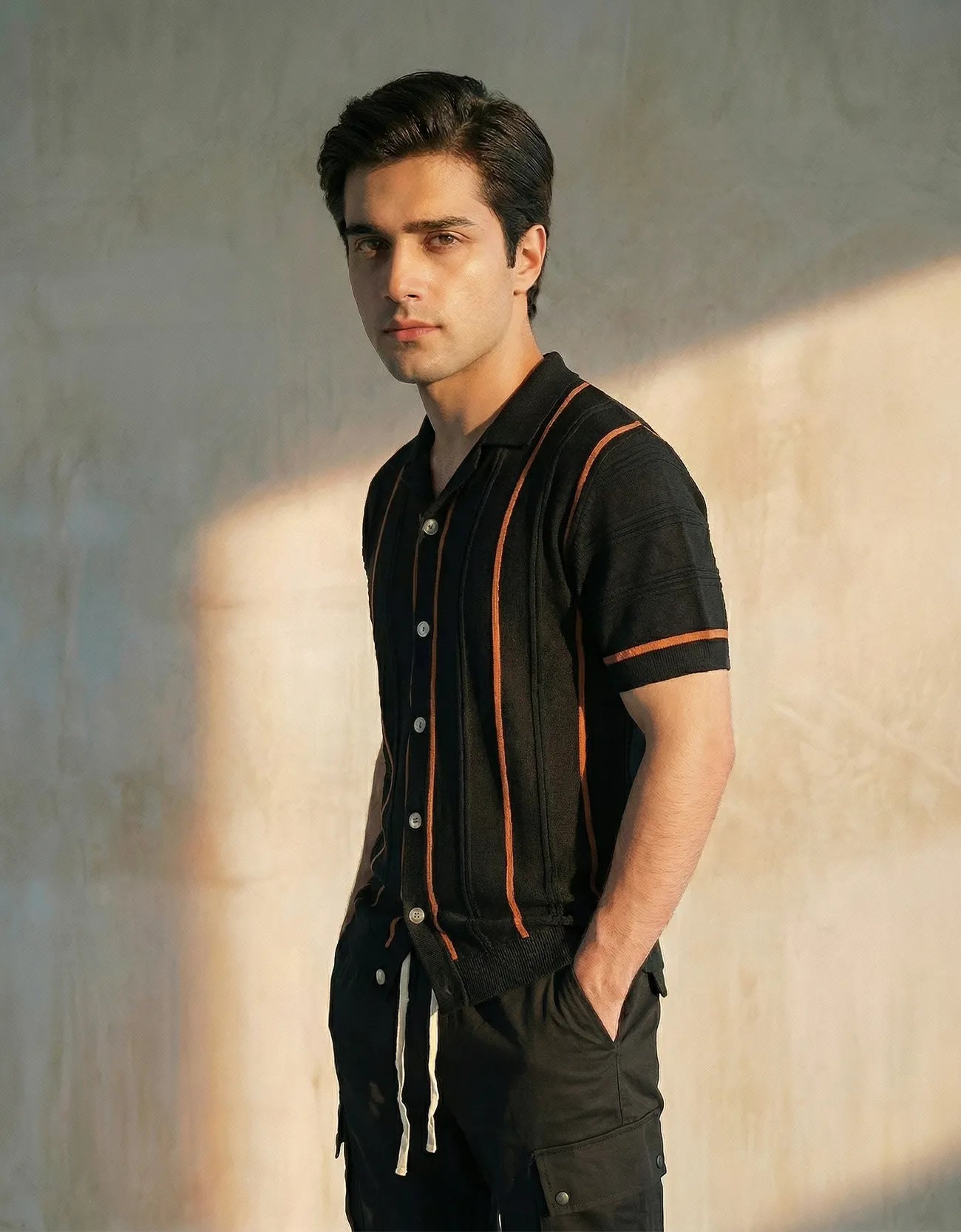 RIBBED TEXTURED CAMP COLLAR SHIRT