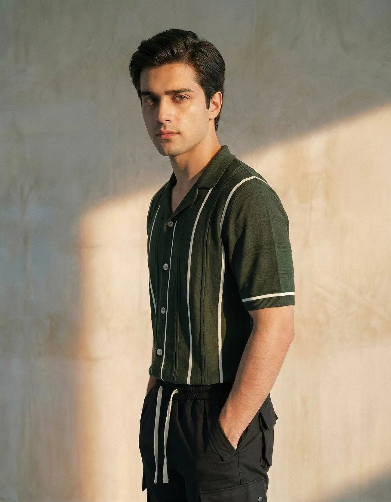 RIBBED TEXTURED CAMP COLLAR SHIRT