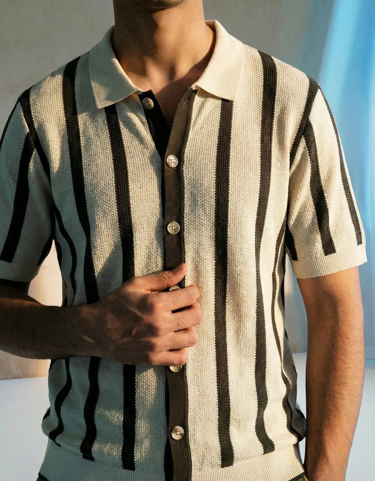 STRIPPED KNITTED CAMP COLLAR SHIRT