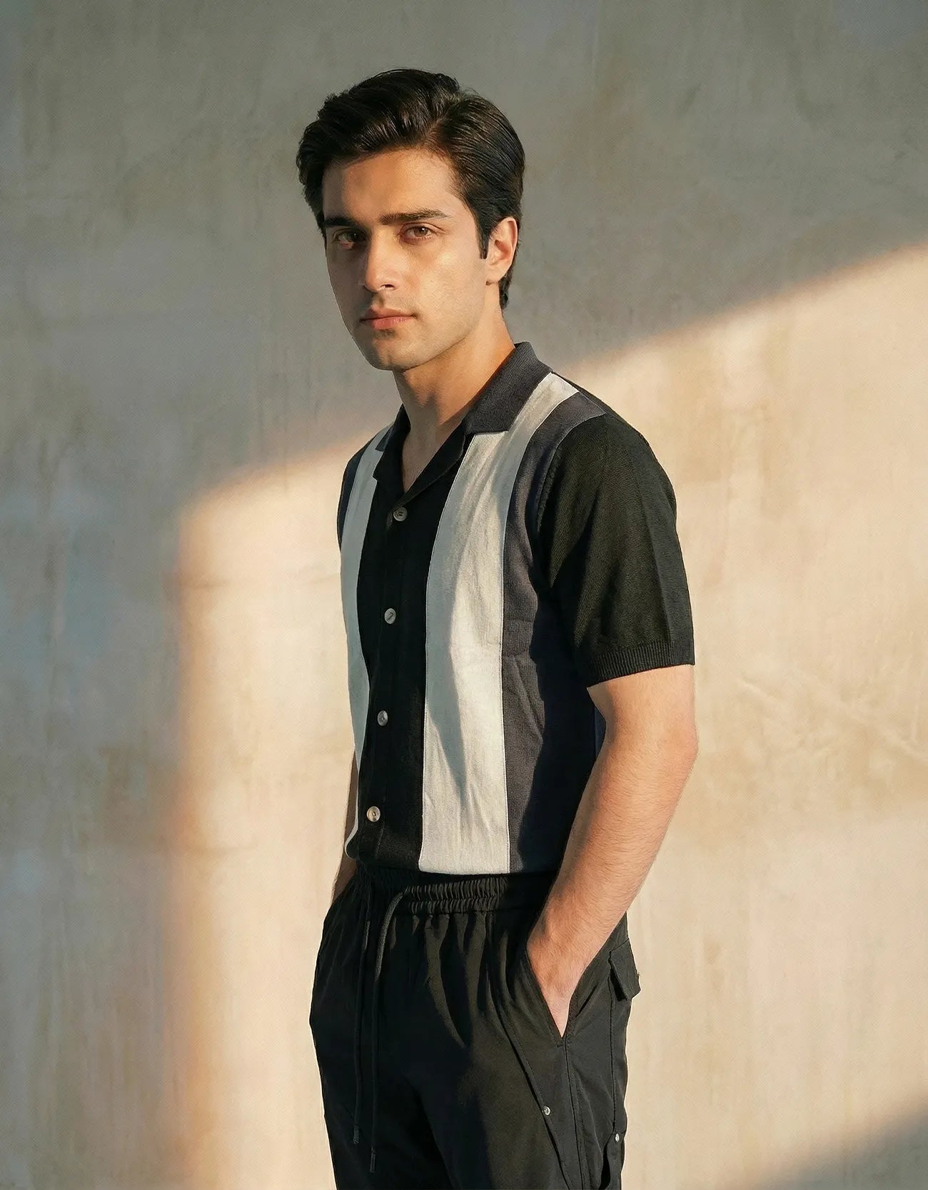 Knitted Textured Camp Collar Shirt