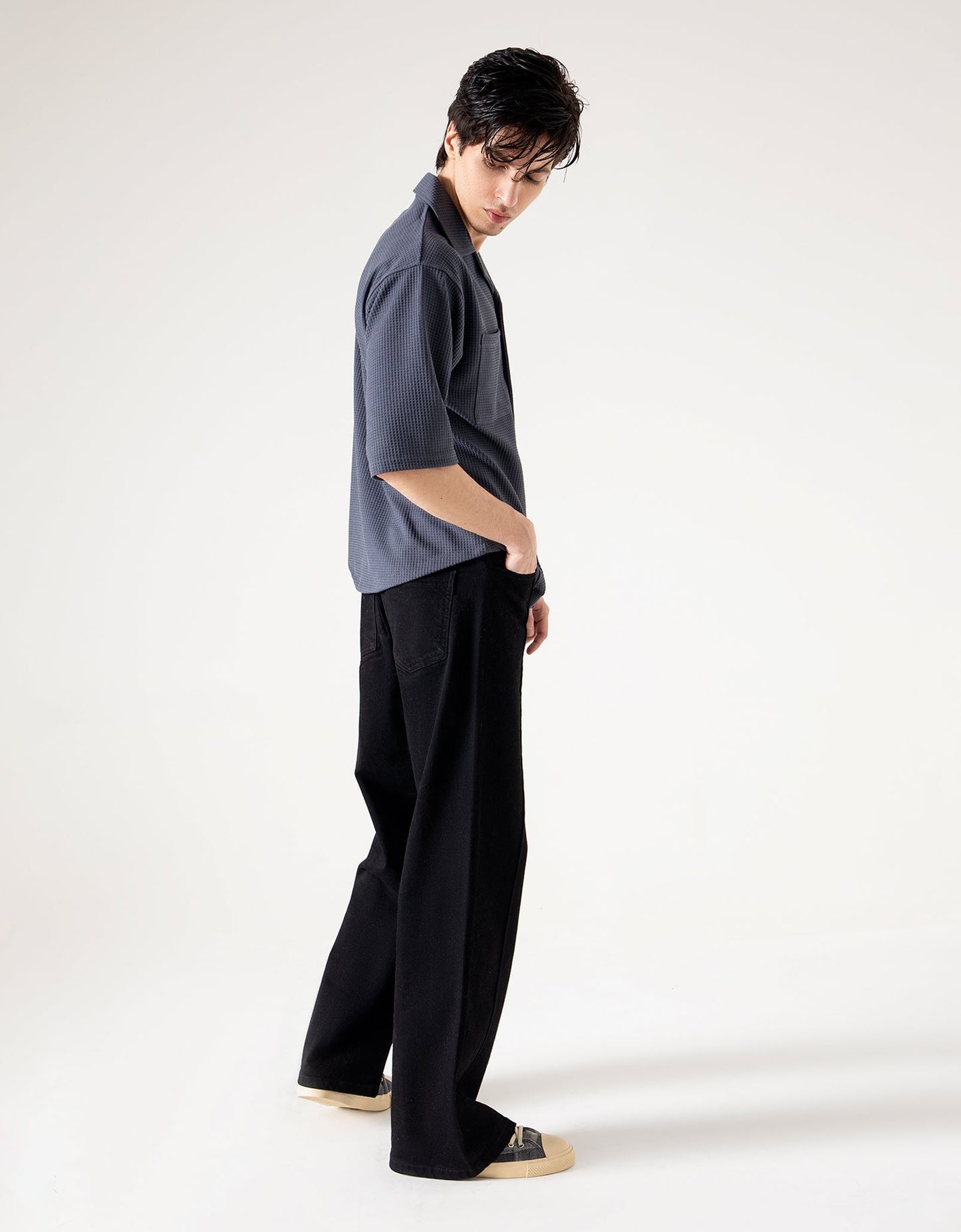 CAMP COLLAR WAFFLE HALF SLEEVES SHIRT