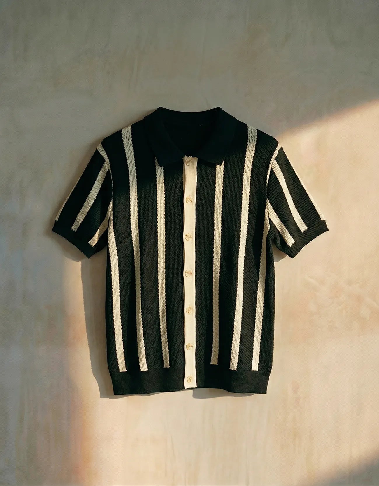 STRIPPED KNITTED CAMP COLLAR SHIRT