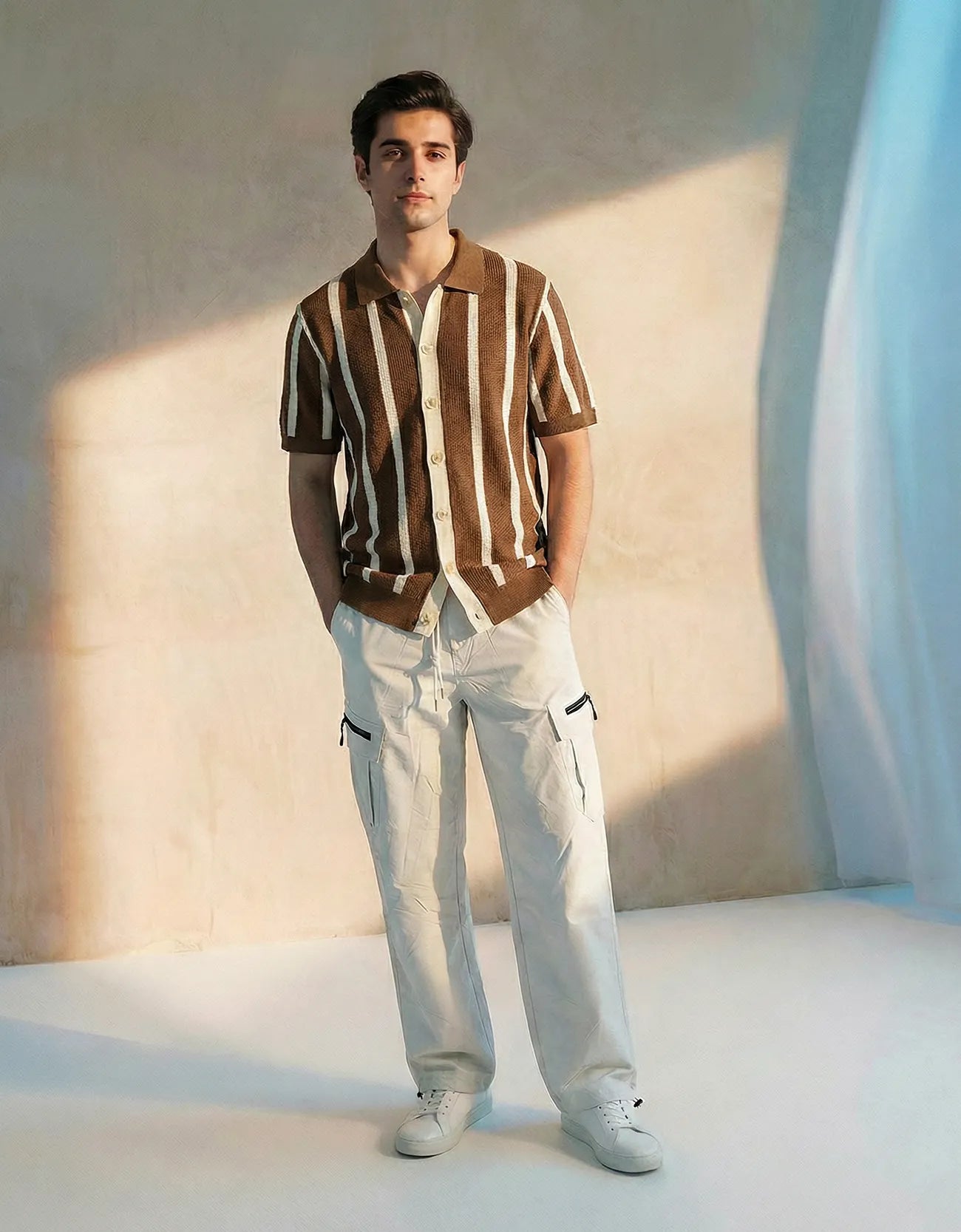 STRIPPED KNITTED CAMP COLLAR SHIRT