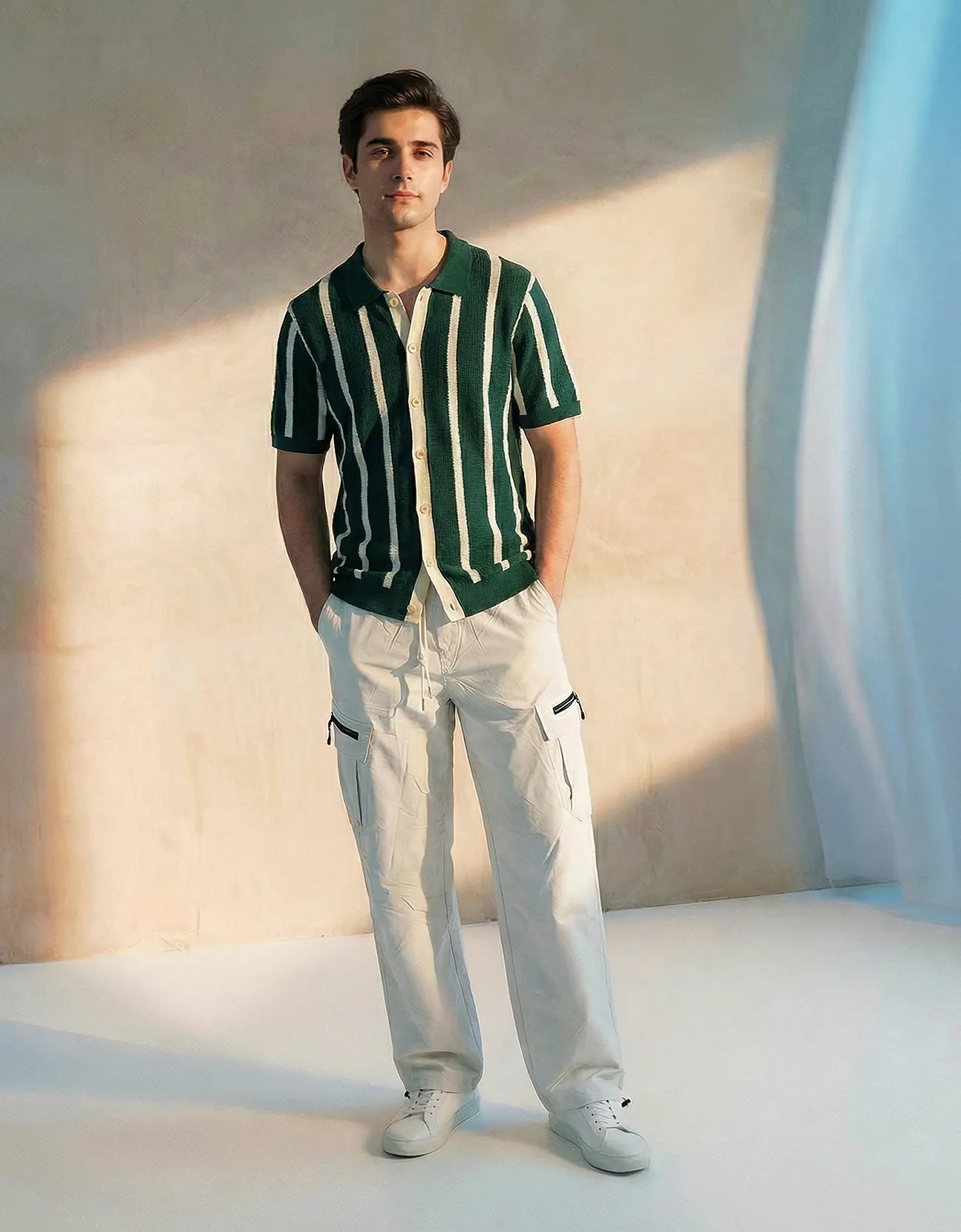 STRIPPED KNITTED CAMP COLLAR SHIRT