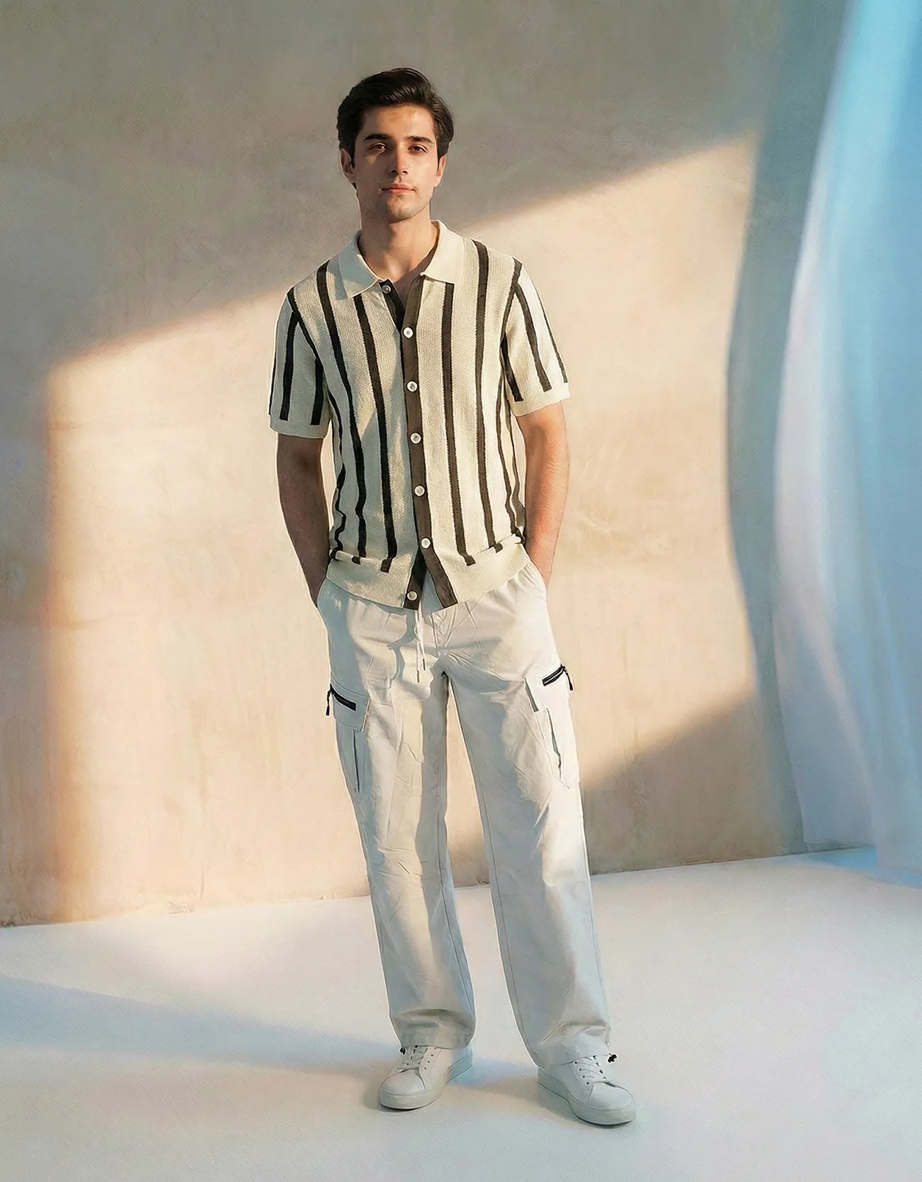 STRIPPED KNITTED CAMP COLLAR SHIRT