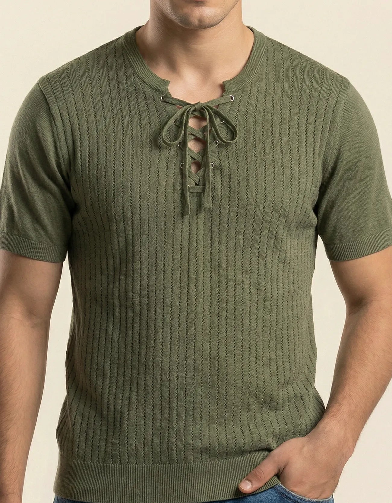 KNITTED LACE-UP SHIRT