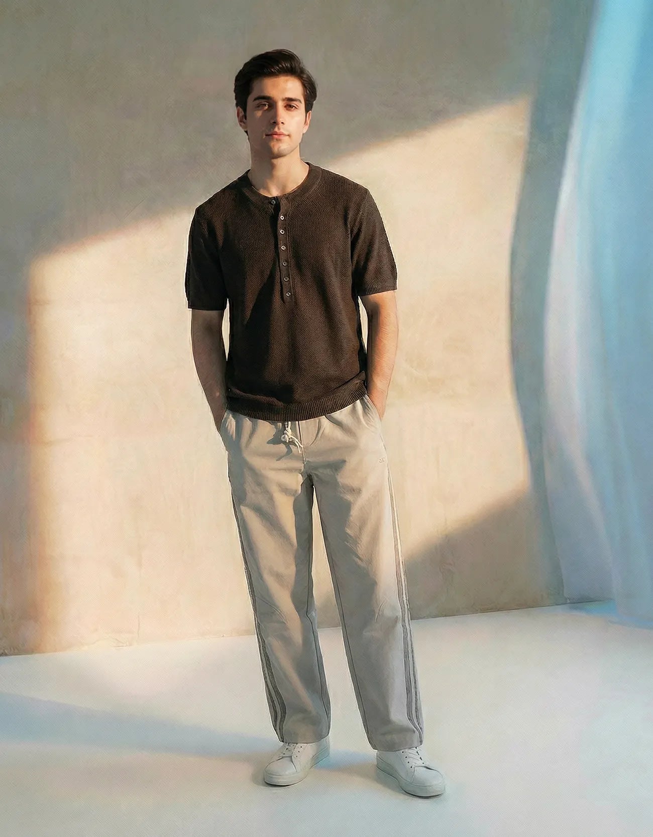 KNITTED QUARTER-BUTTON CREW NECK