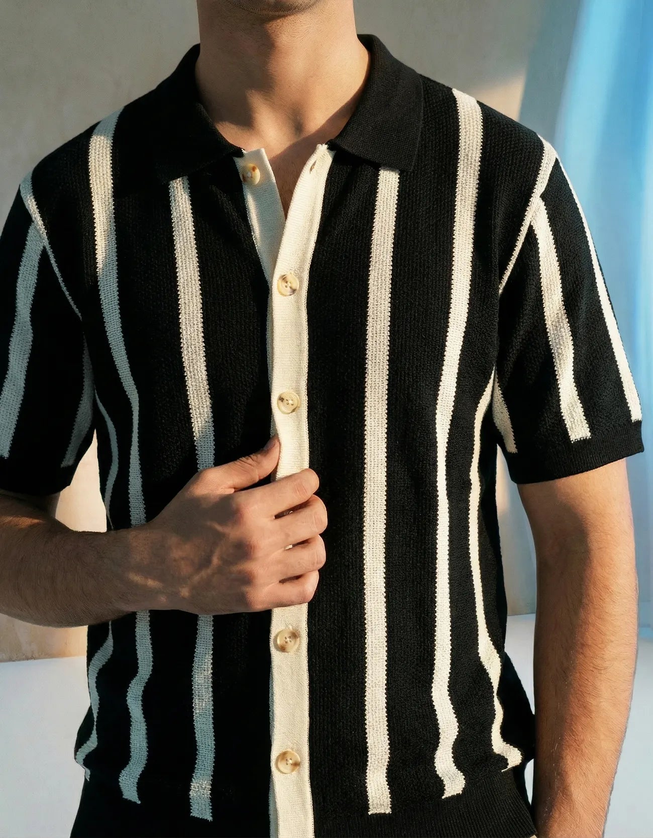 STRIPPED KNITTED CAMP COLLAR SHIRT