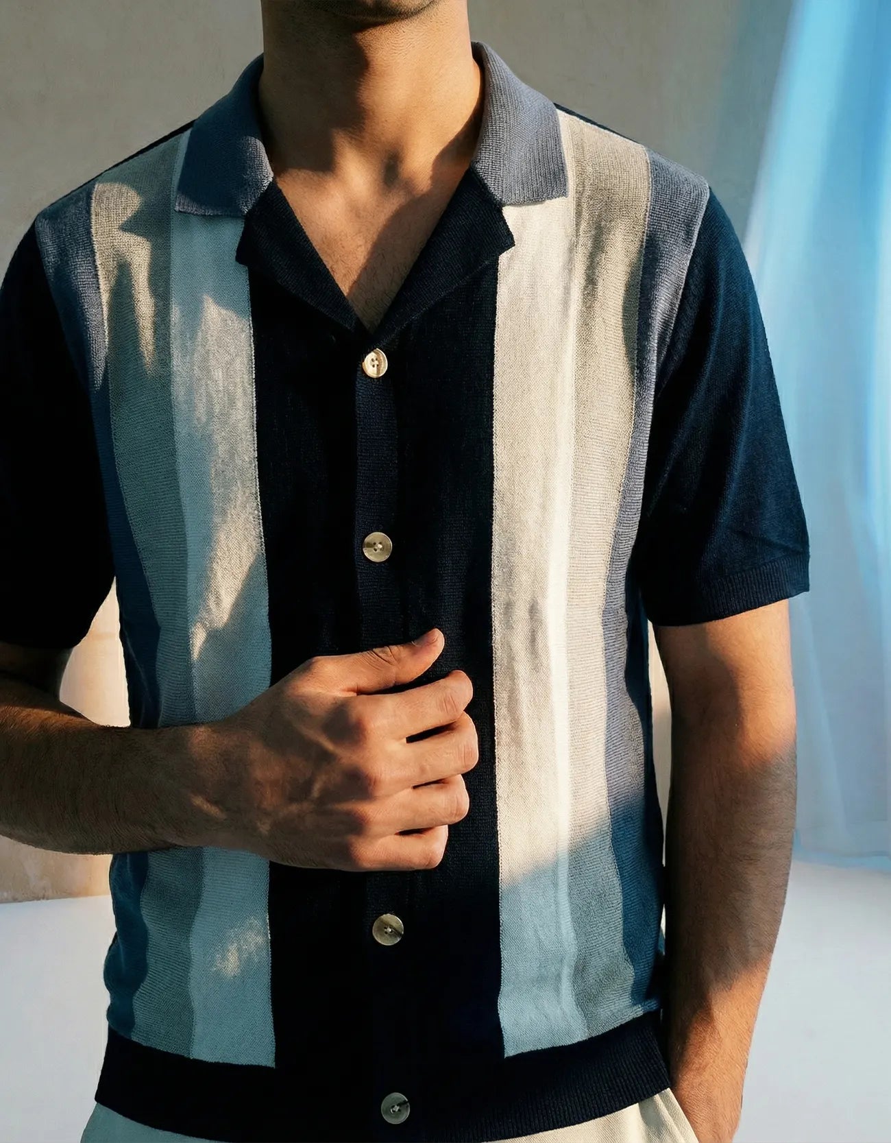 Knitted Textured Camp Collar Shirt