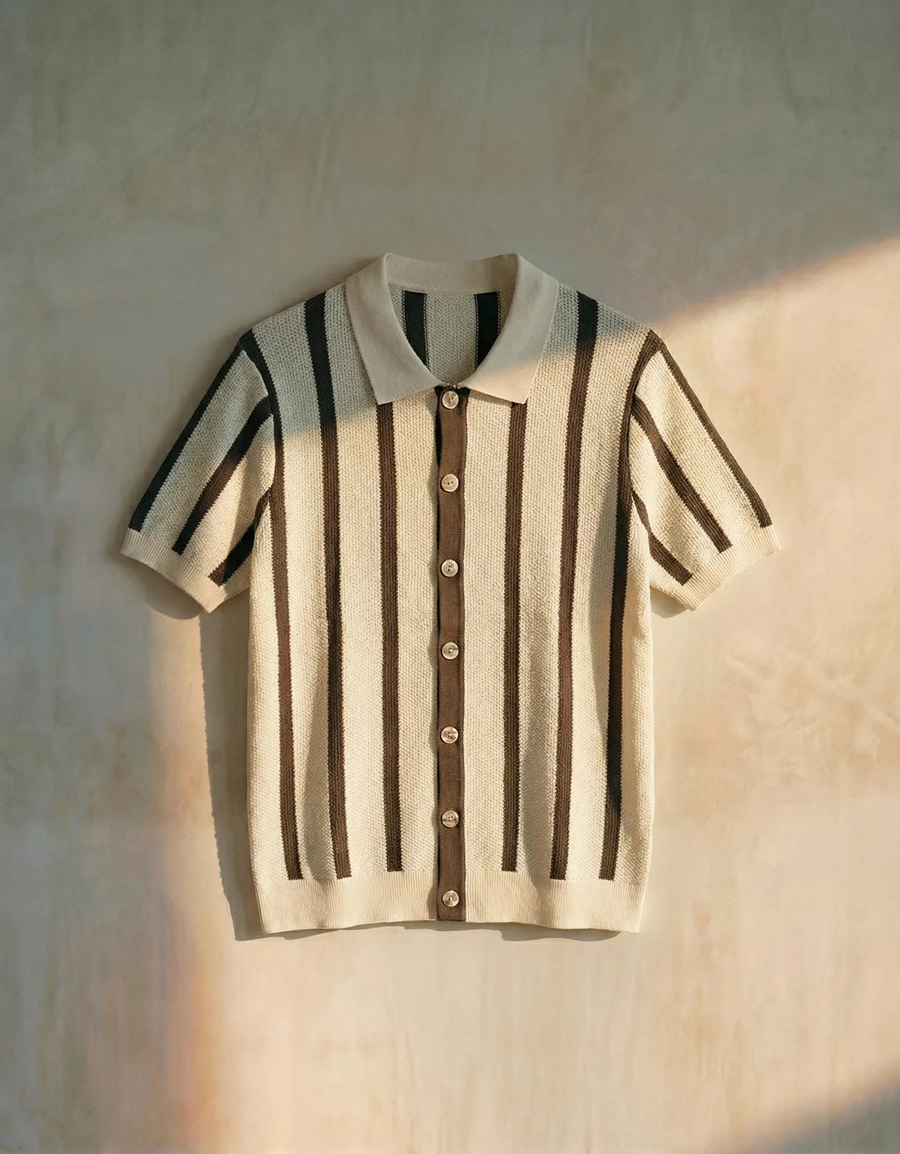 STRIPPED KNITTED CAMP COLLAR SHIRT