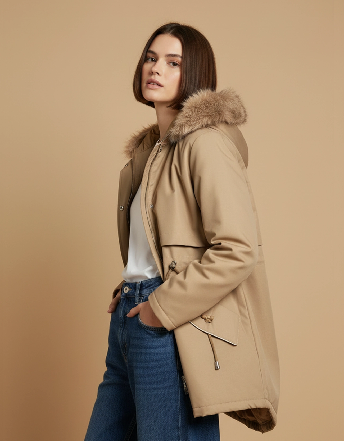 FAUX FUR HOODED PUFFER