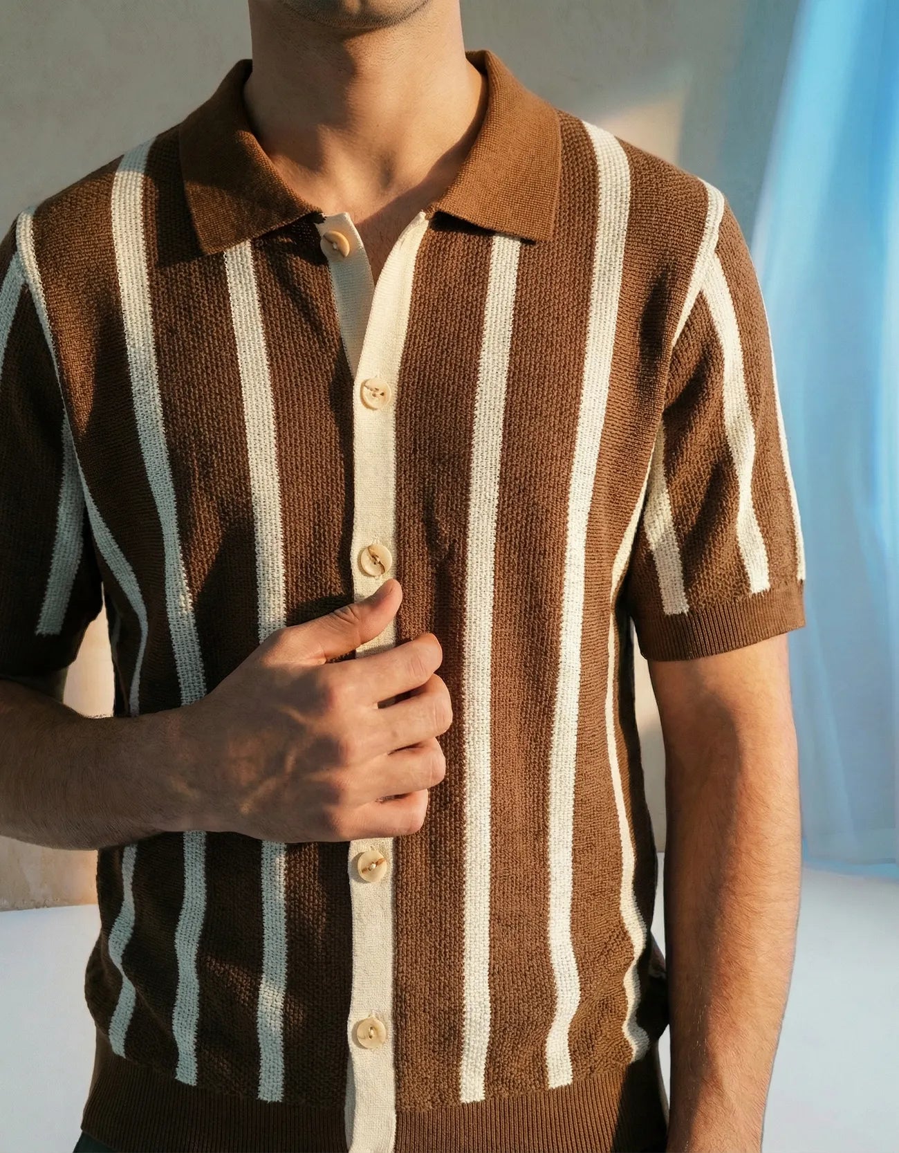 STRIPPED KNITTED CAMP COLLAR SHIRT