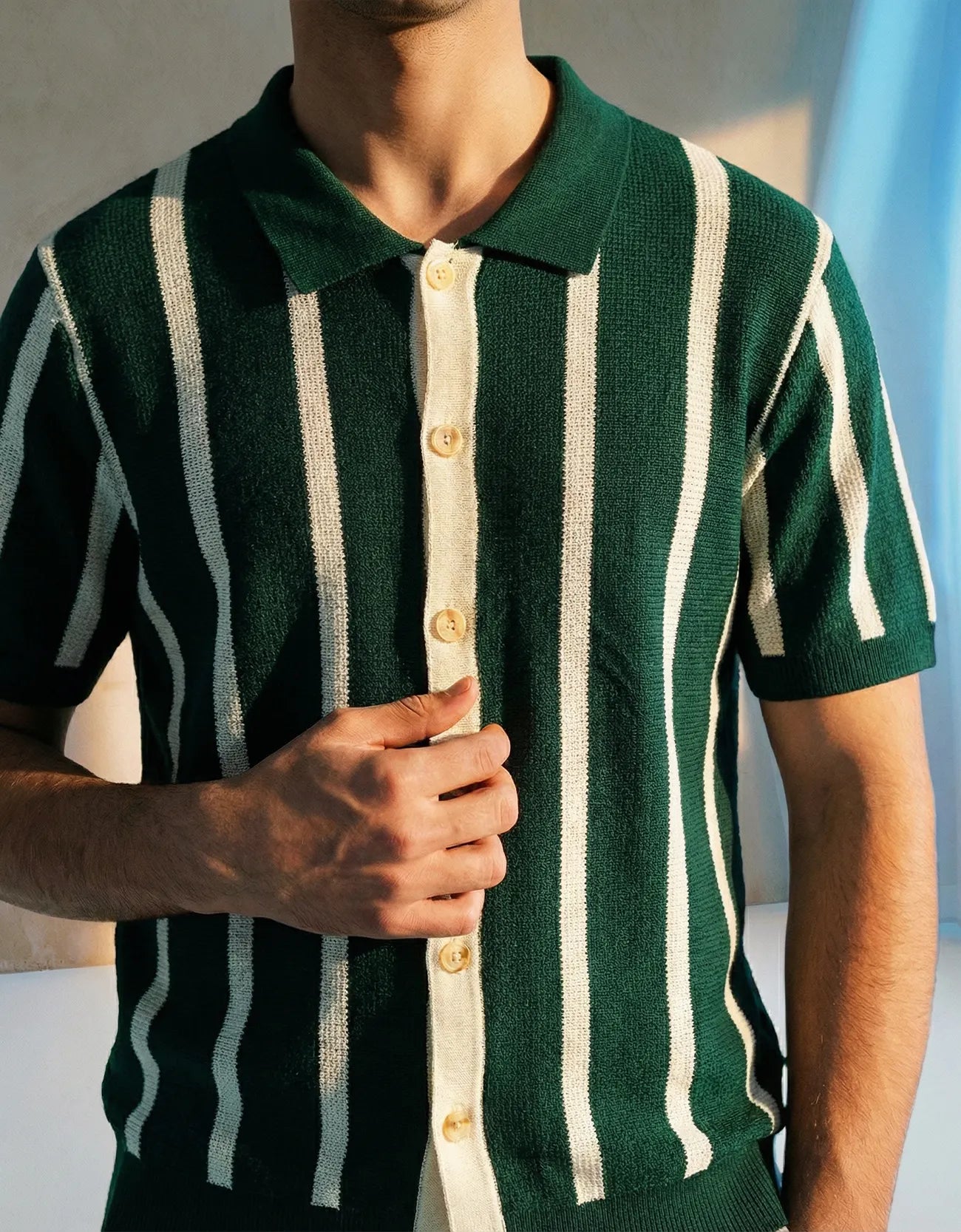 STRIPPED KNITTED CAMP COLLAR SHIRT