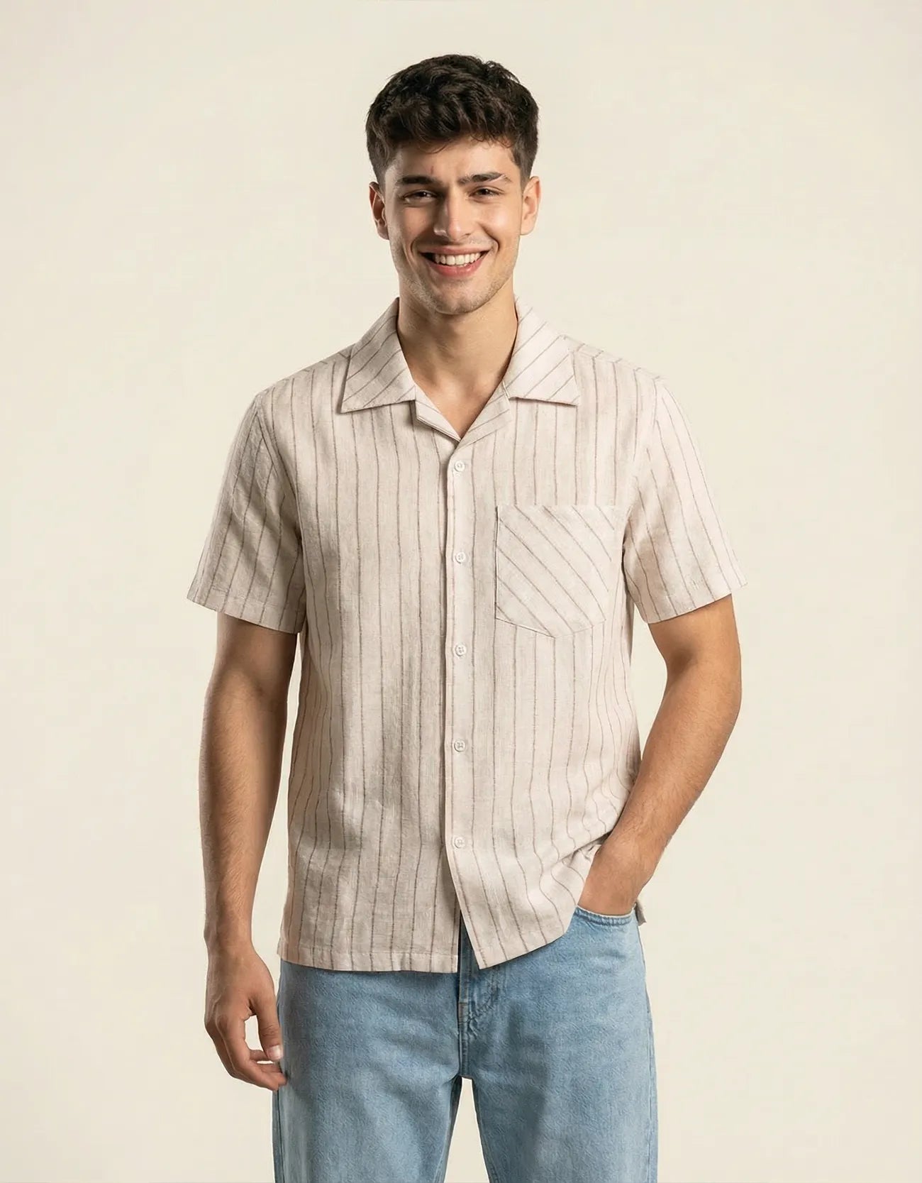STRIPE TEXTURED CAMP COLLAR SHIRT