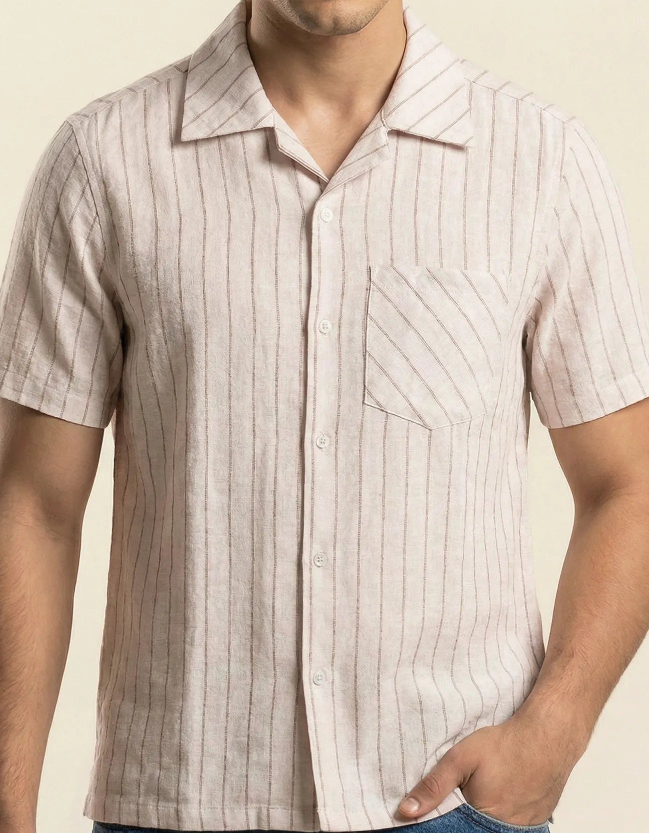 STRIPE TEXTURED CAMP COLLAR SHIRT