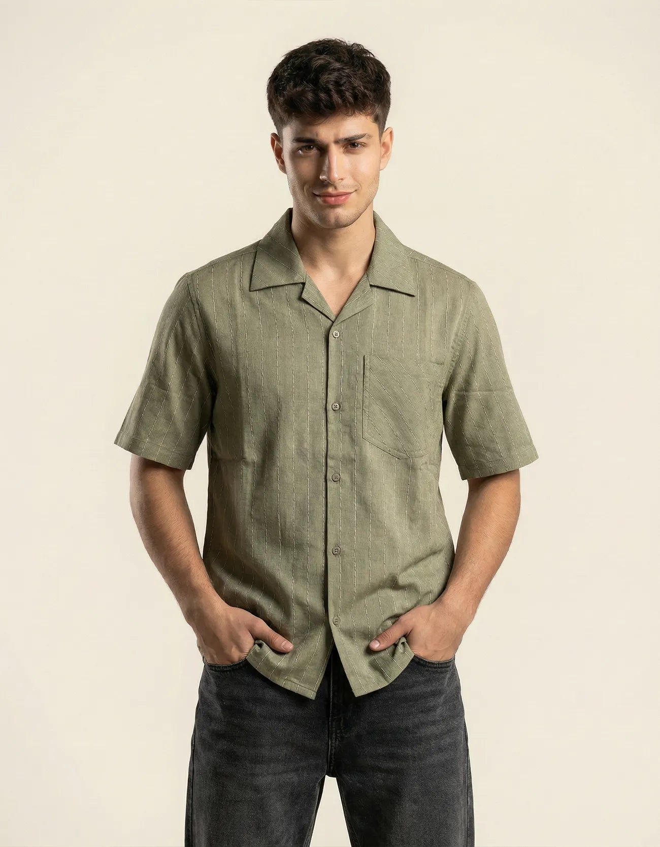 STRIPE TEXTURED CAMP COLLAR SHIRT