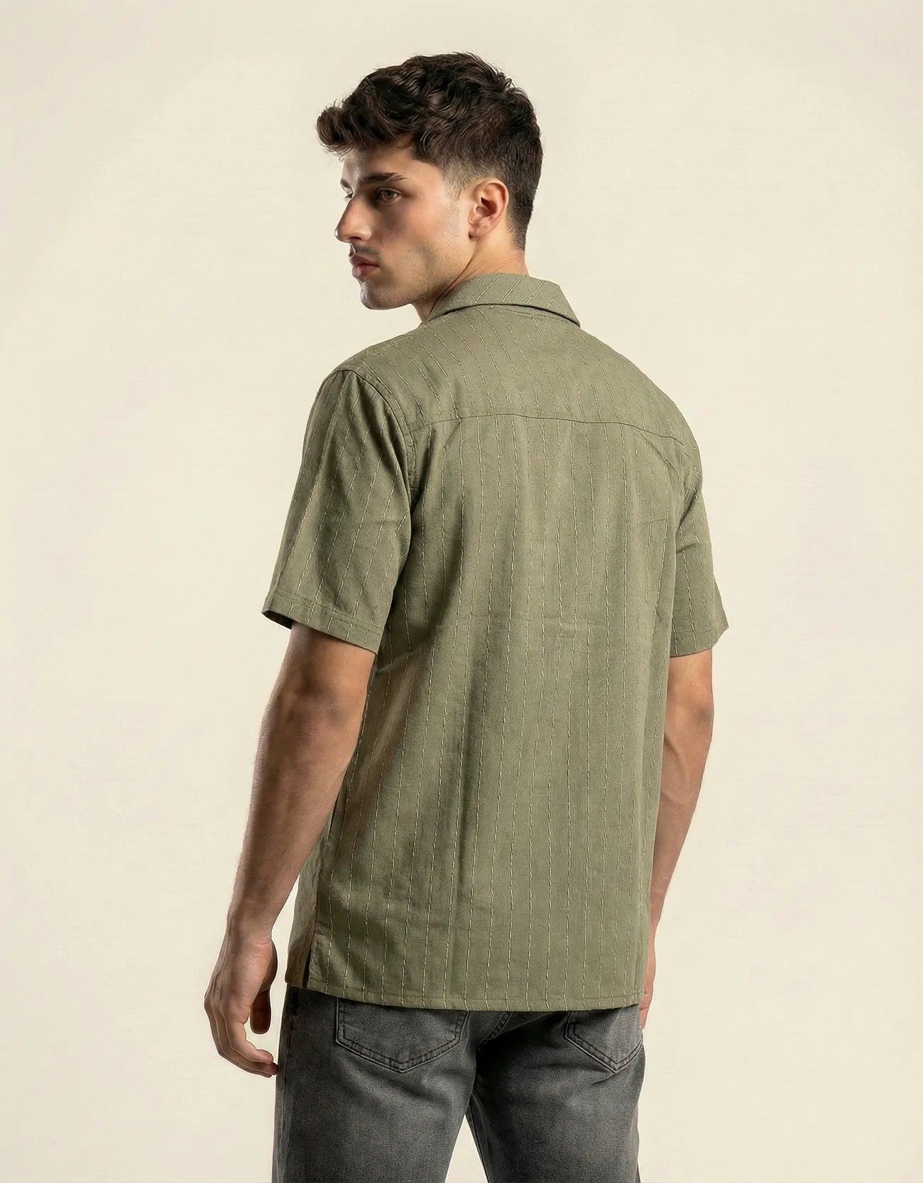 STRIPE TEXTURED CAMP COLLAR SHIRT