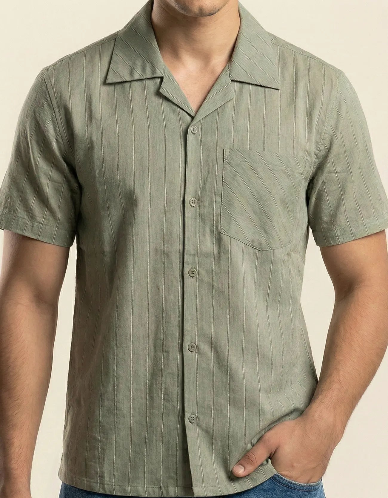 STRIPE TEXTURED CAMP COLLAR SHIRT