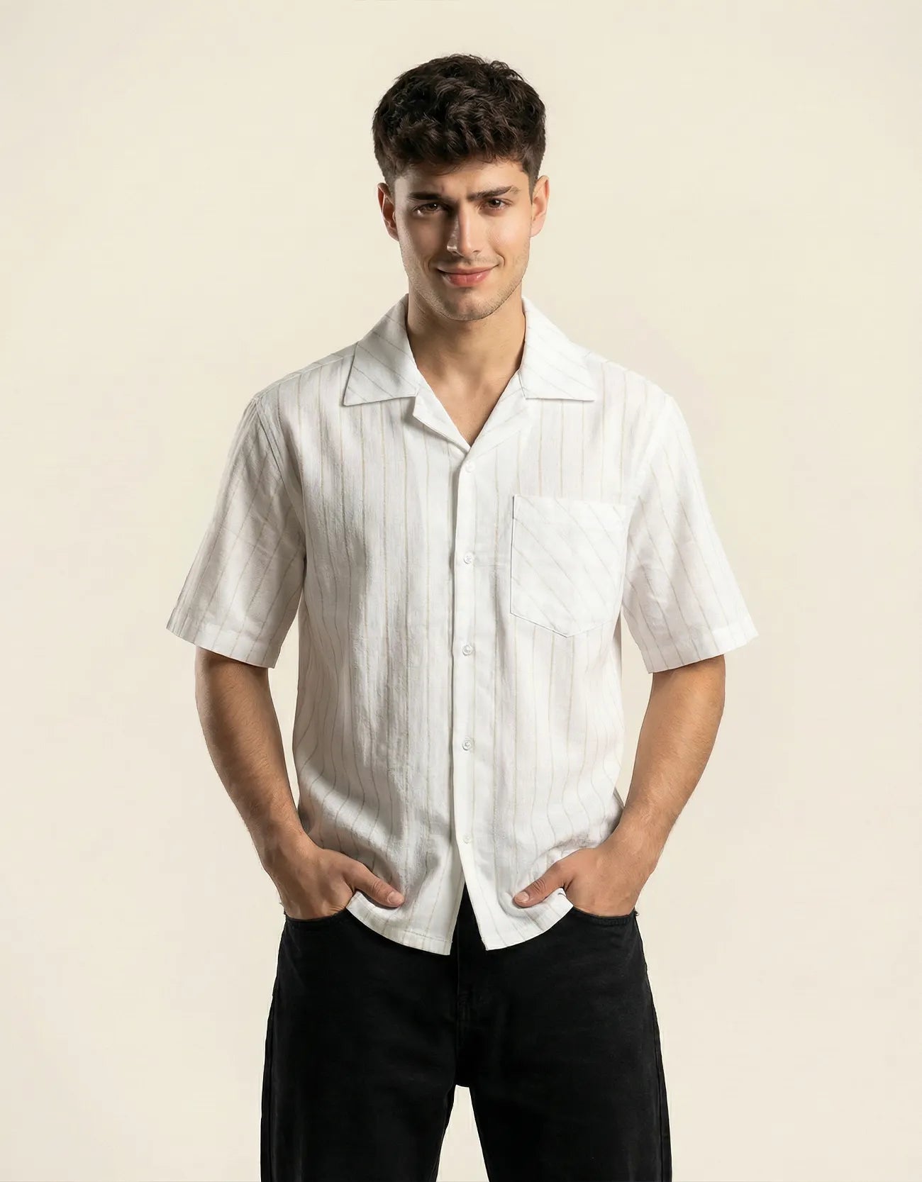 STRIPE TEXTURED CAMP COLLAR SHIRT