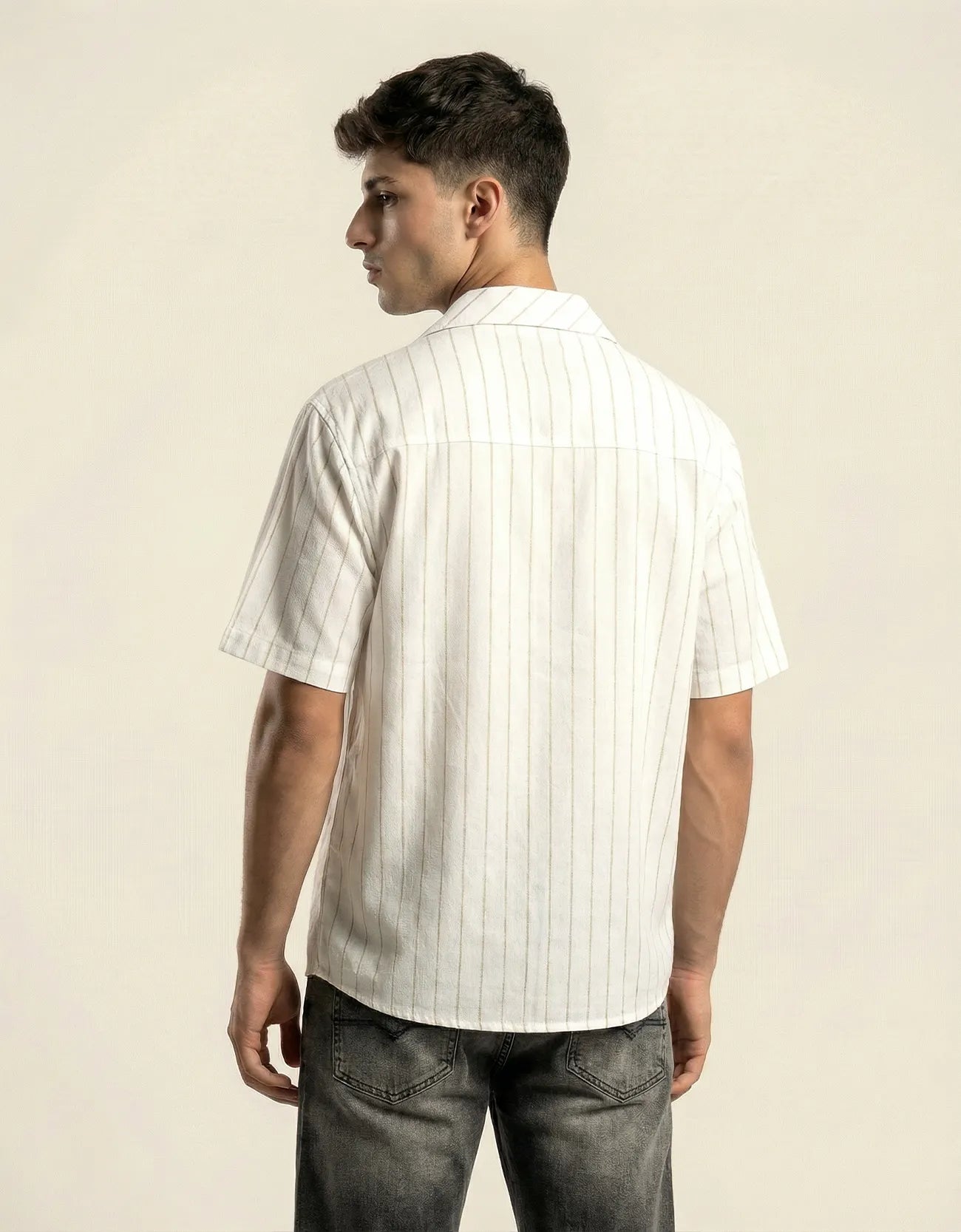 STRIPE TEXTURED CAMP COLLAR SHIRT