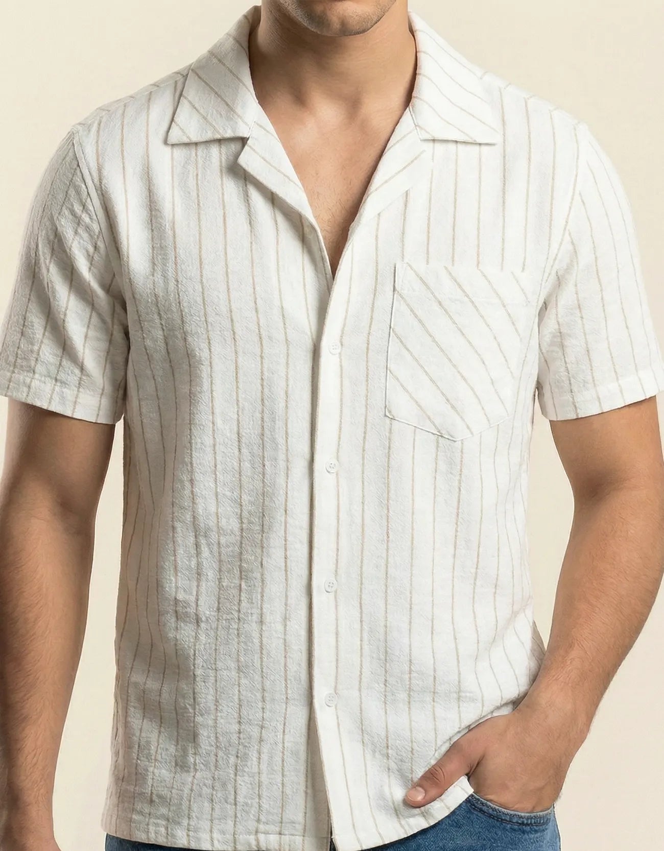 STRIPE TEXTURED CAMP COLLAR SHIRT