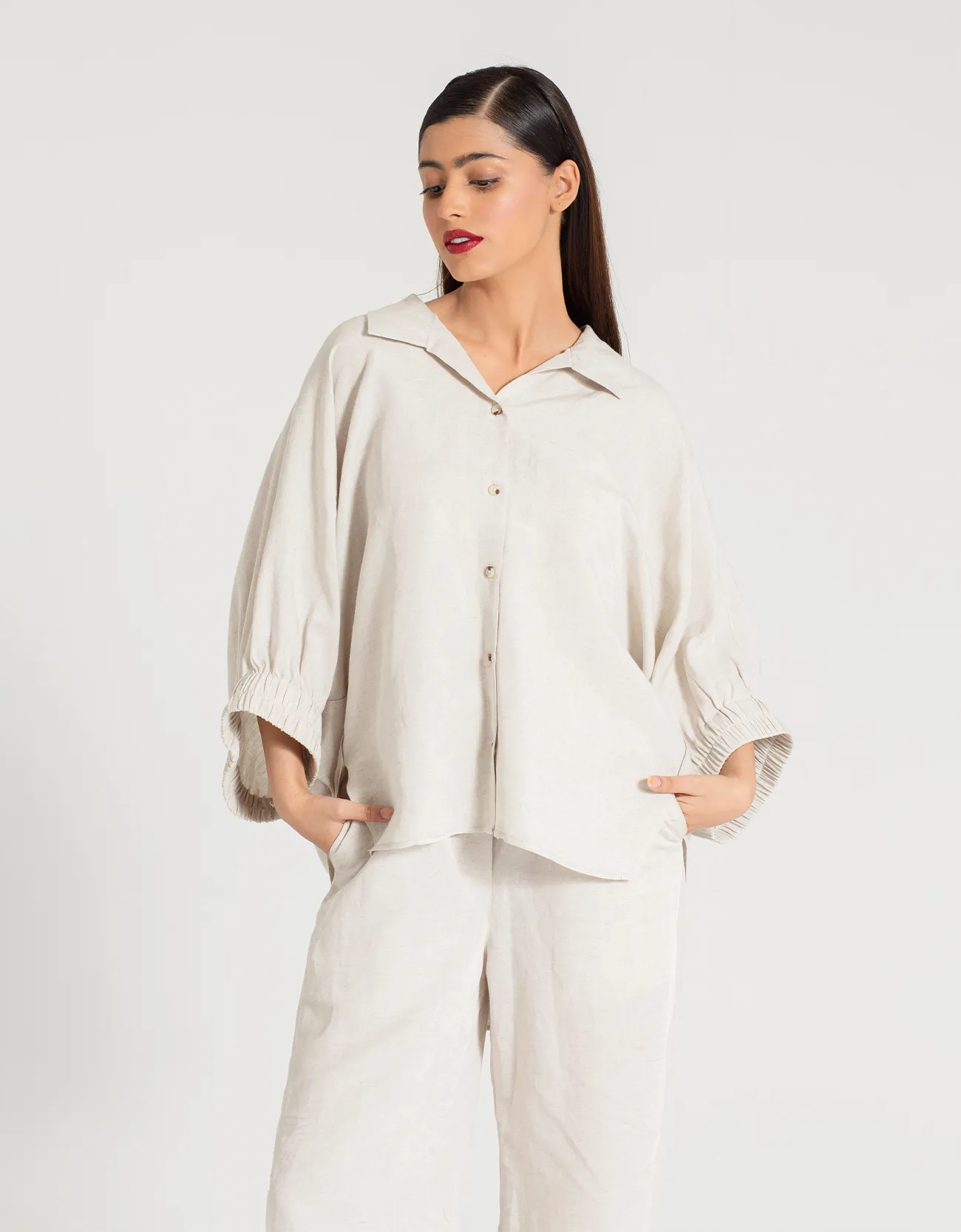 LINEN BATWING COLLARED SHIRT WITH TROUSER