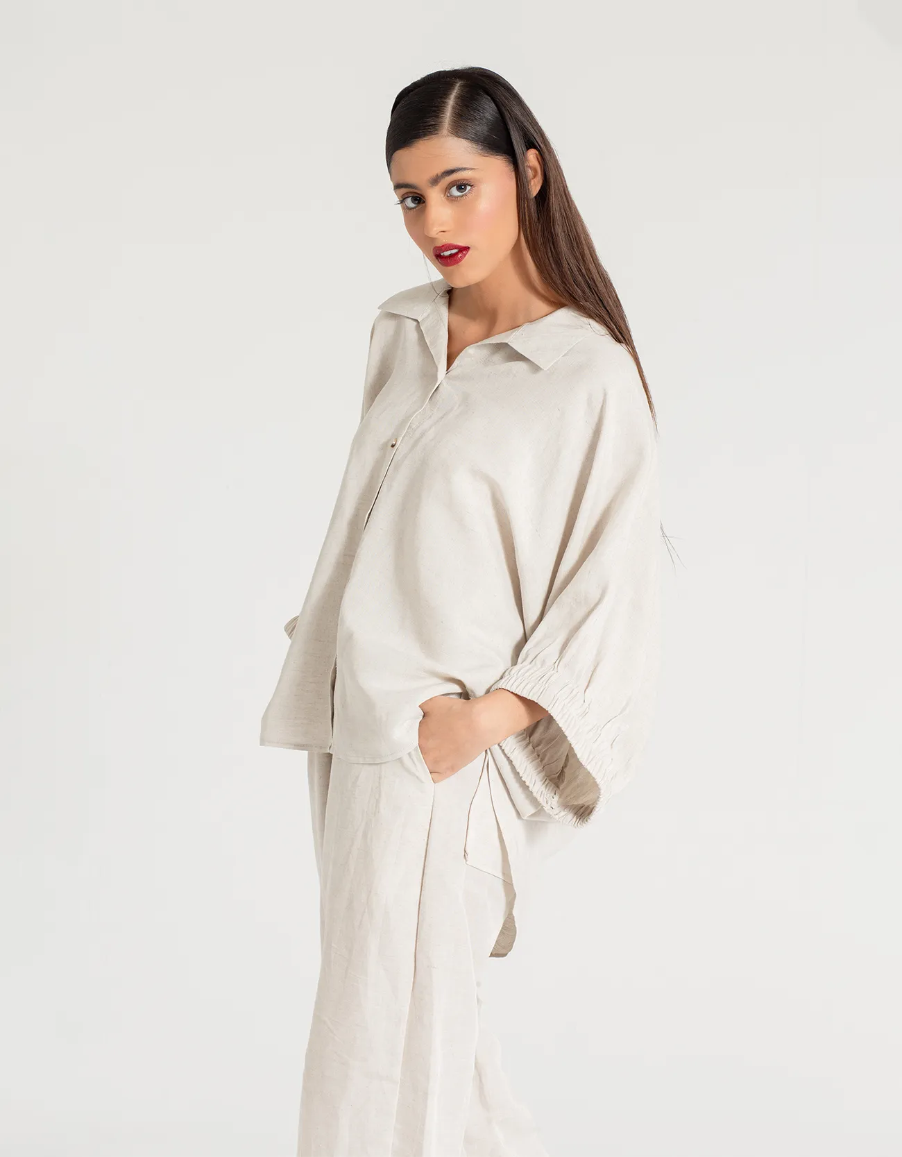 LINEN BATWING COLLARED SHIRT WITH TROUSER