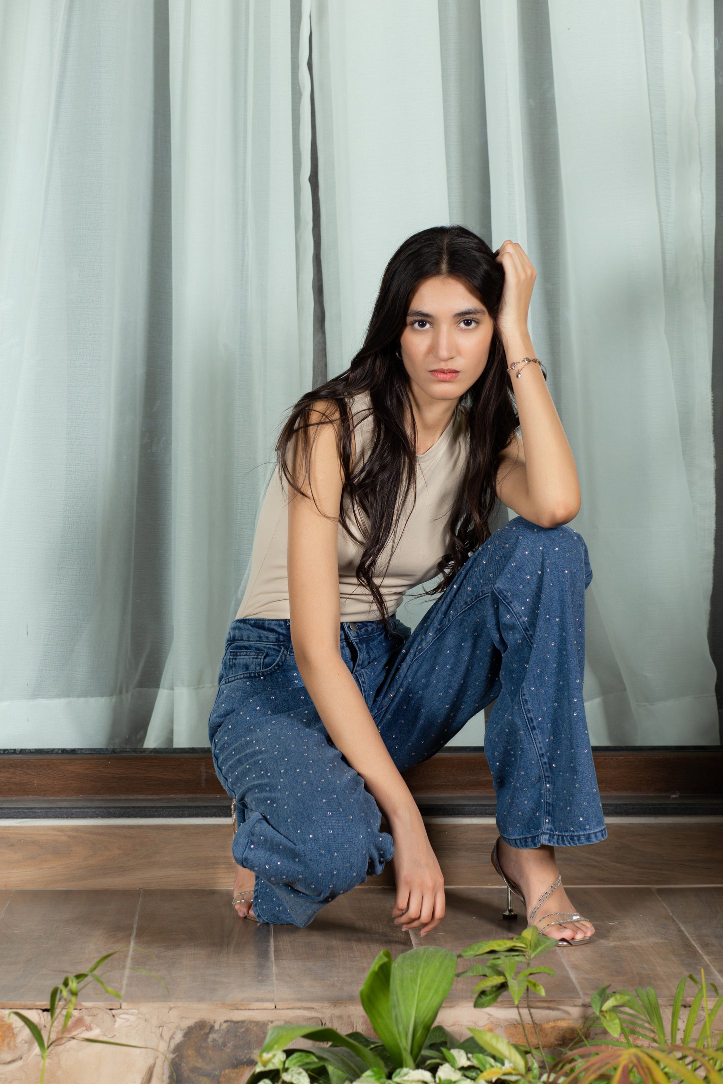 RHINESTONE WIDE LEG JEANS