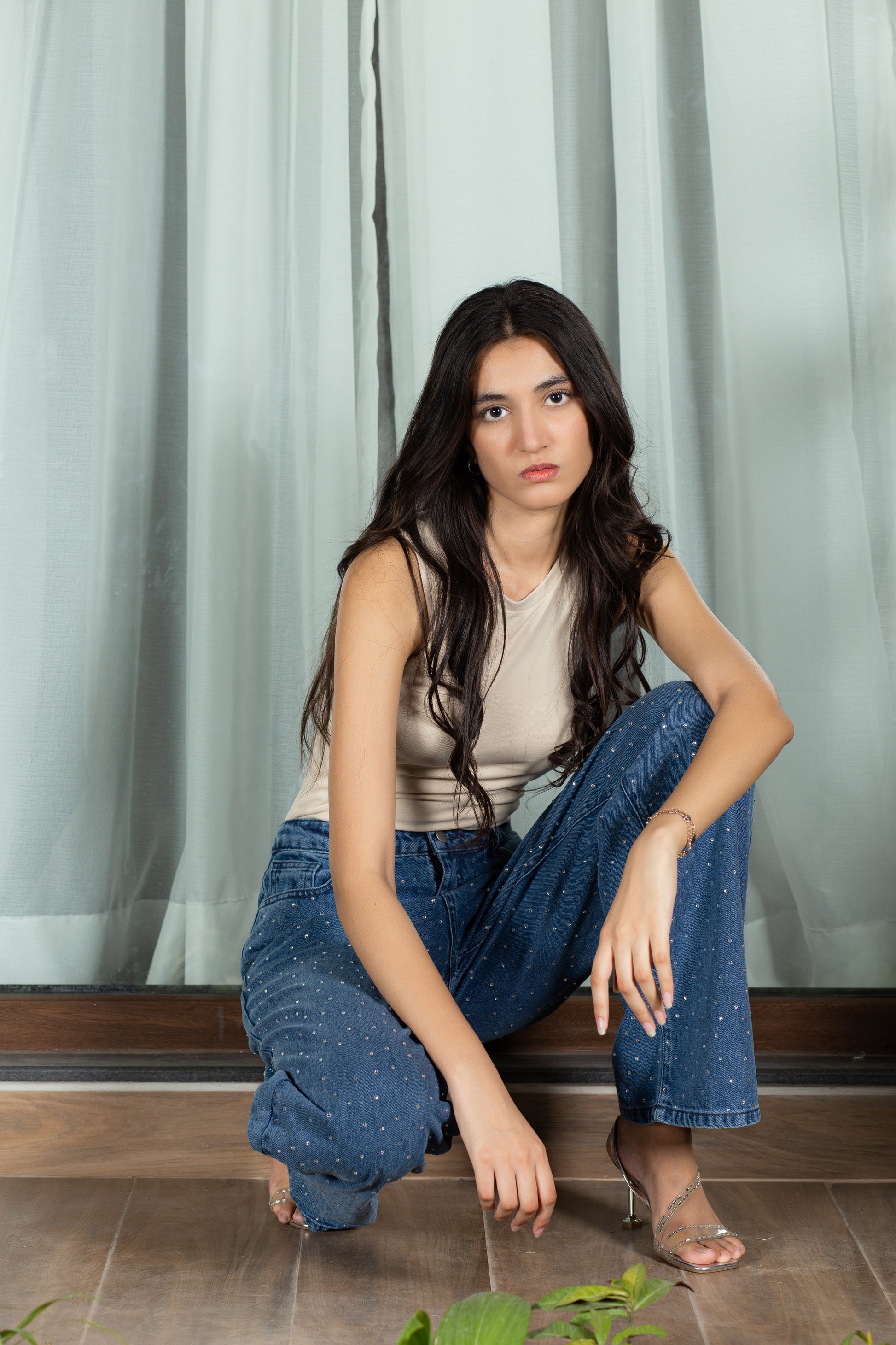 RHINESTONE WIDE LEG JEANS