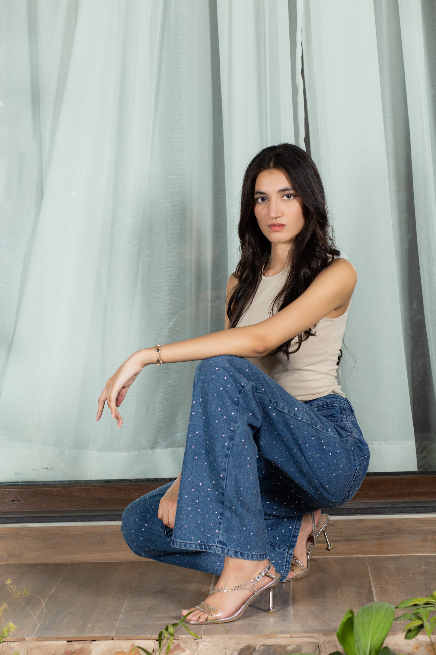 RHINESTONE WIDE LEG JEANS