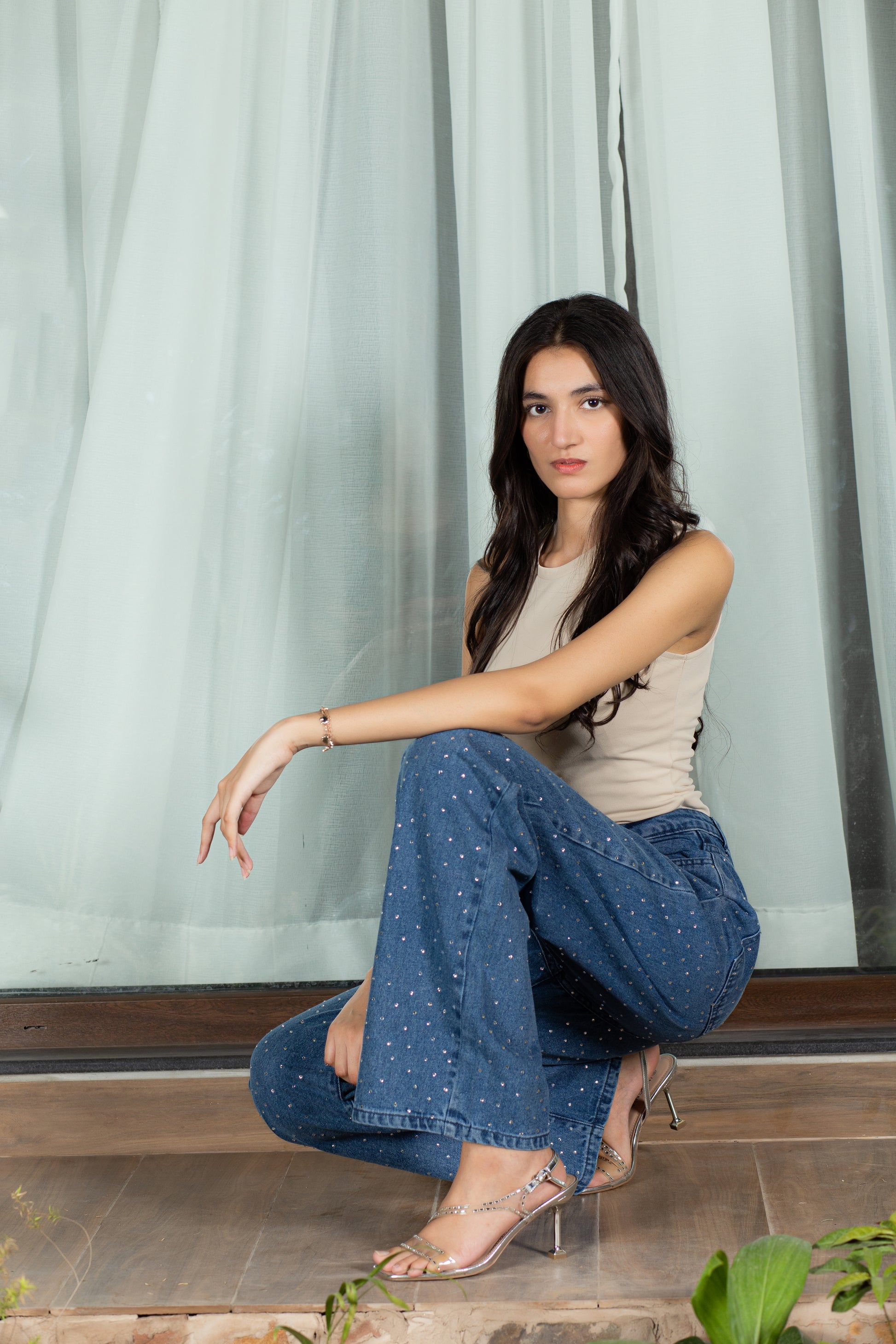 RHINESTONE WIDE LEG JEANS