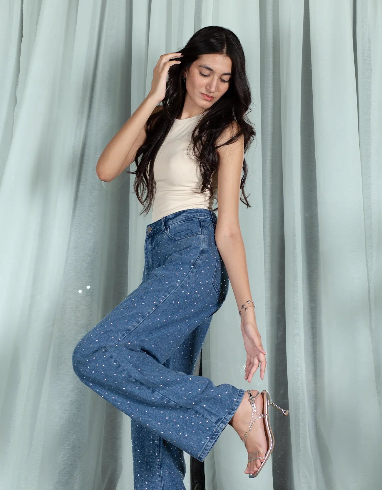 RHINESTONE WIDE LEG JEANS