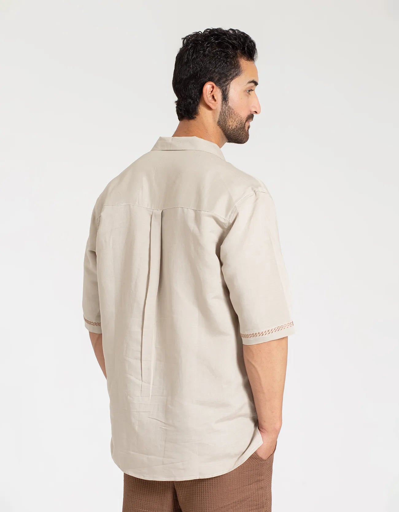 EMBROIDERY CAMP COLLAR IRISH LINEN SHIRT