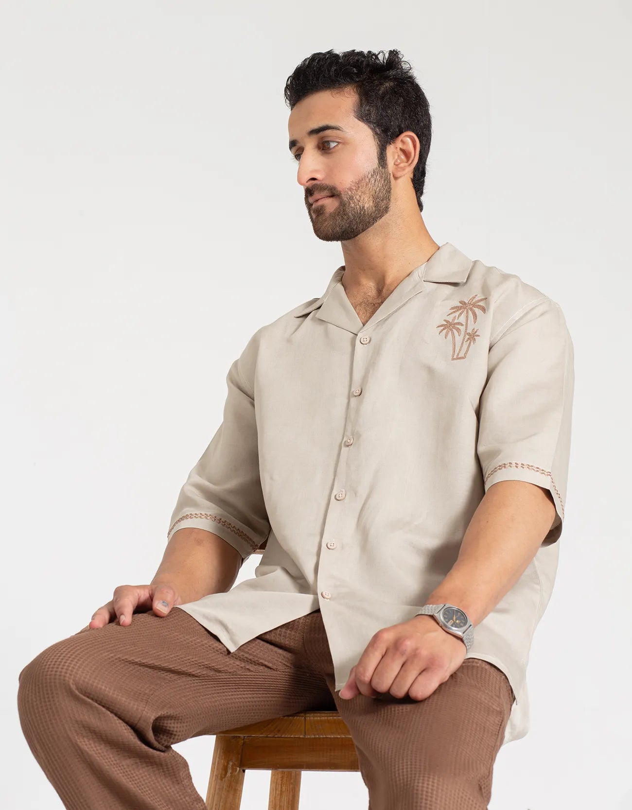 EMBROIDERY CAMP COLLAR IRISH LINEN SHIRT