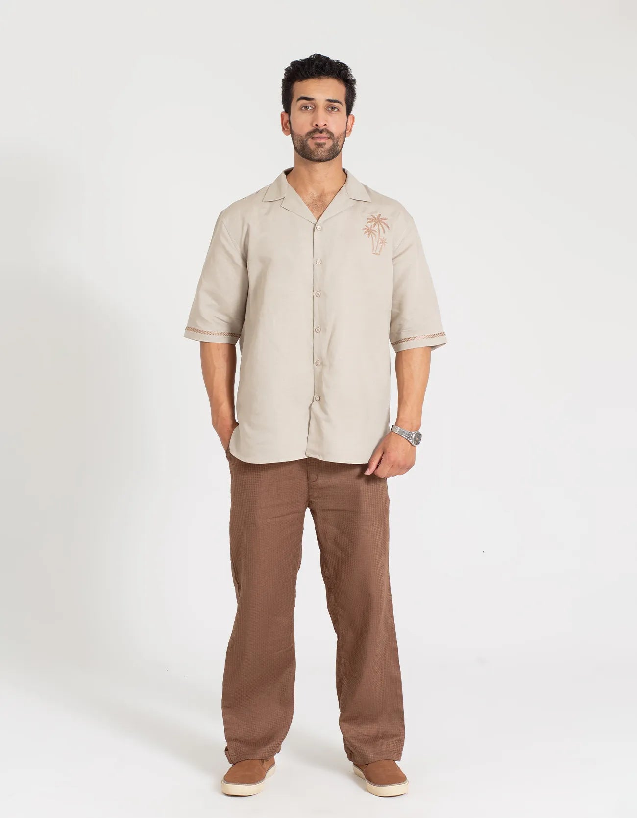 EMBROIDERY CAMP COLLAR IRISH LINEN SHIRT