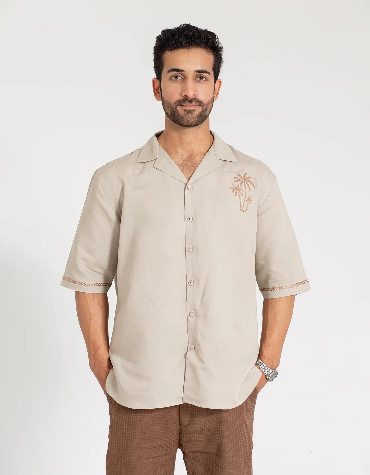 EMBROIDERY CAMP COLLAR IRISH LINEN SHIRT