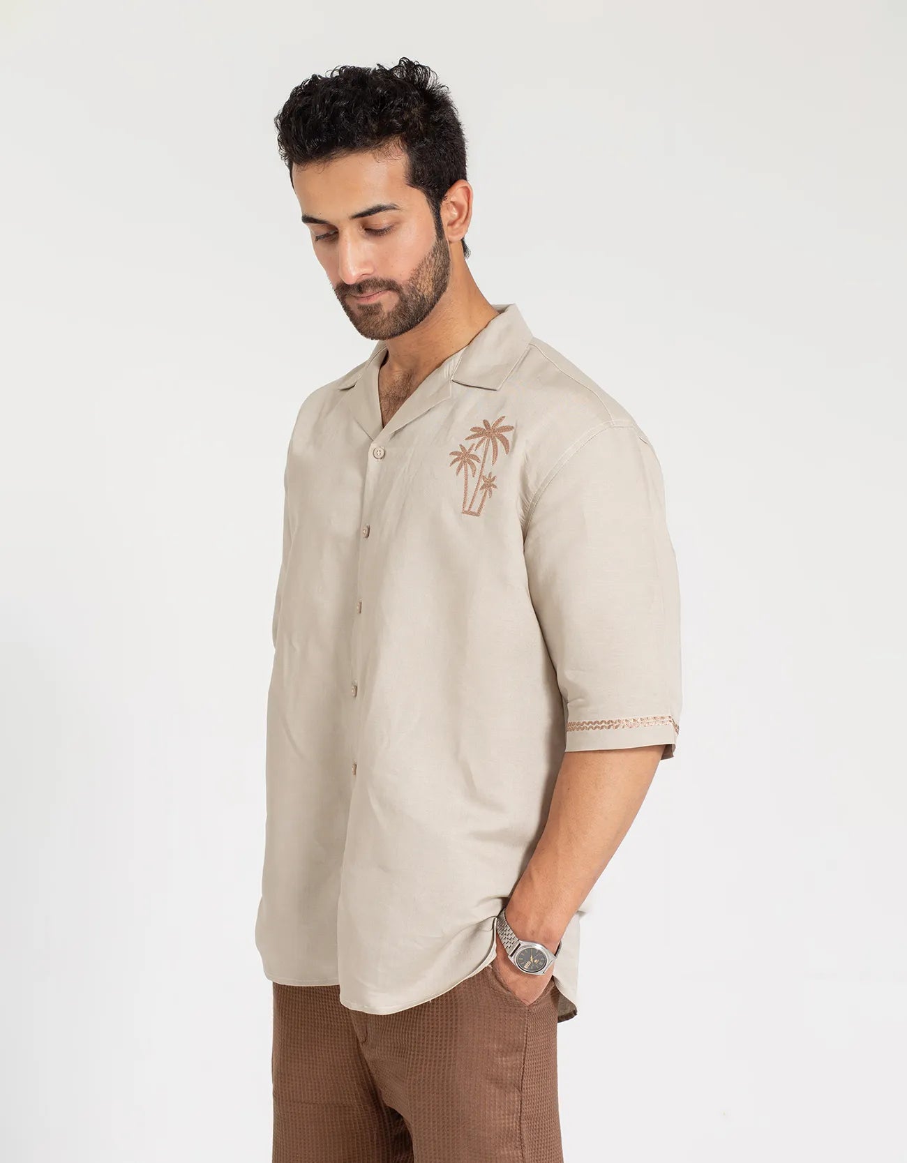 EMBROIDERY CAMP COLLAR IRISH LINEN SHIRT