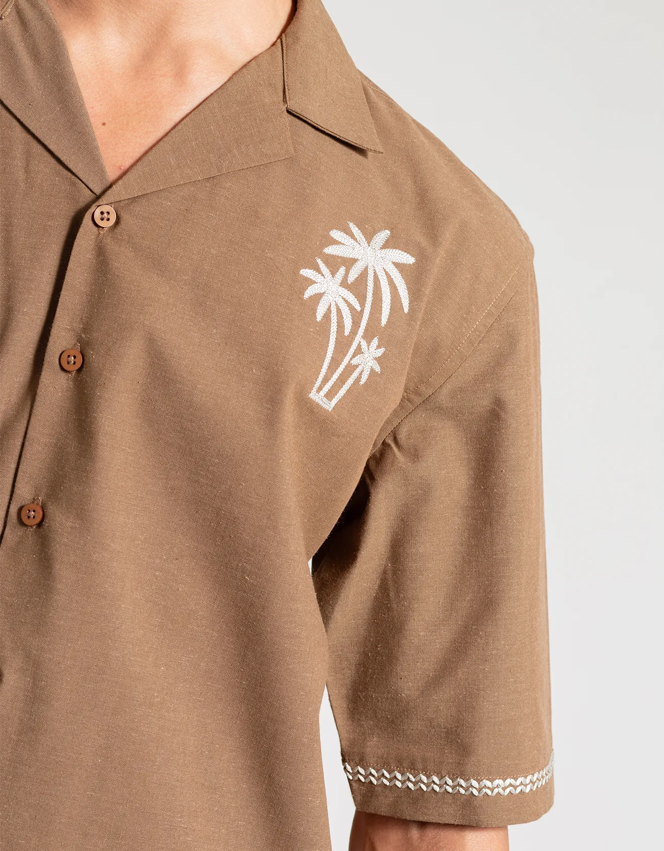 EMBROIDERY CAMP COLLAR IRISH LINEN SHIRT