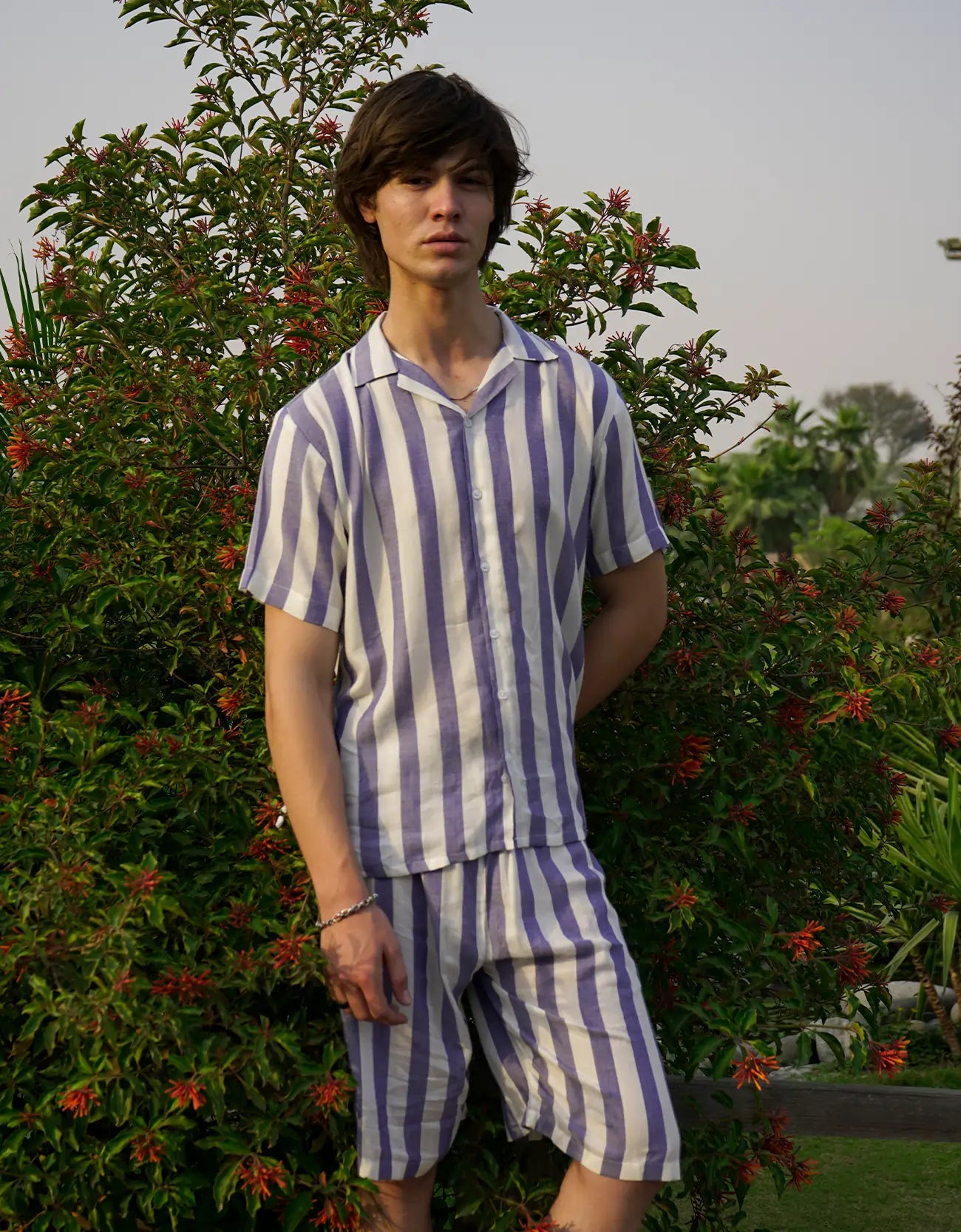 TEXTURED STRIPED CAMP COLLAR SHIRT