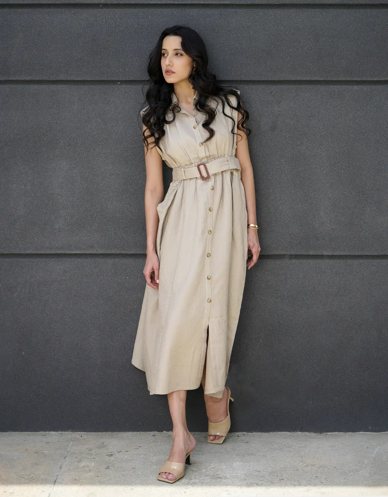 TEXTURED BUTTON DOWN DRESS