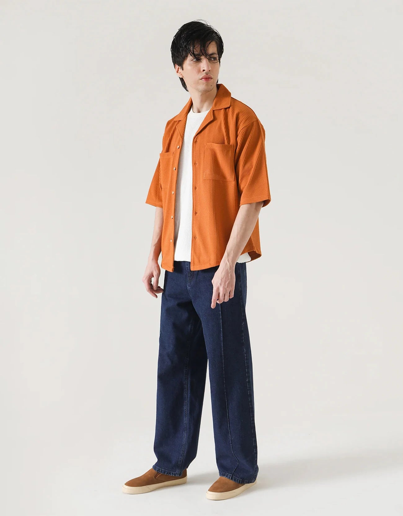 CAMP COLLAR WAFFLE HALF SLEEVES SHIRT