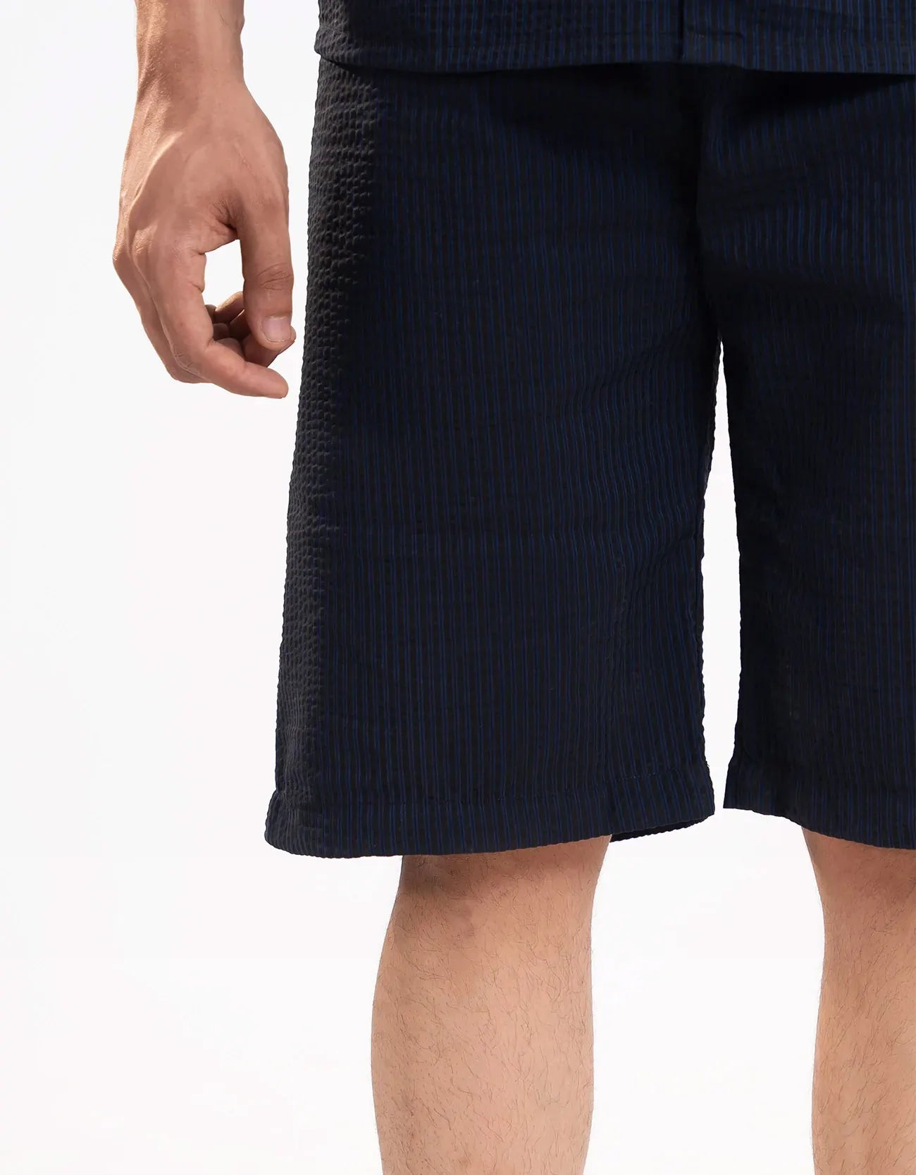 TEXTURED STRIPED-COTTON SHORTS