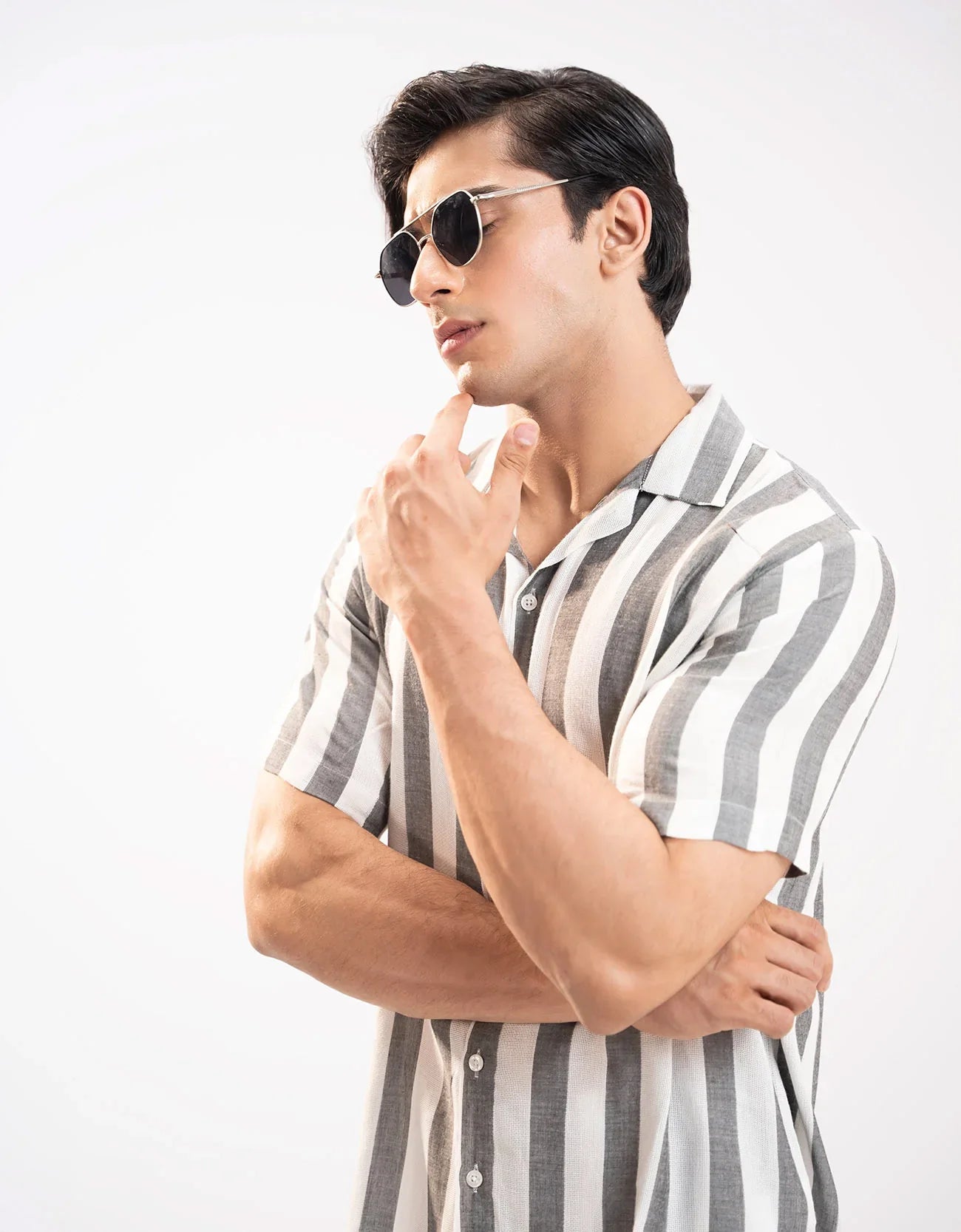 TEXTURED STRIPED CAMP COLLAR SHIRT