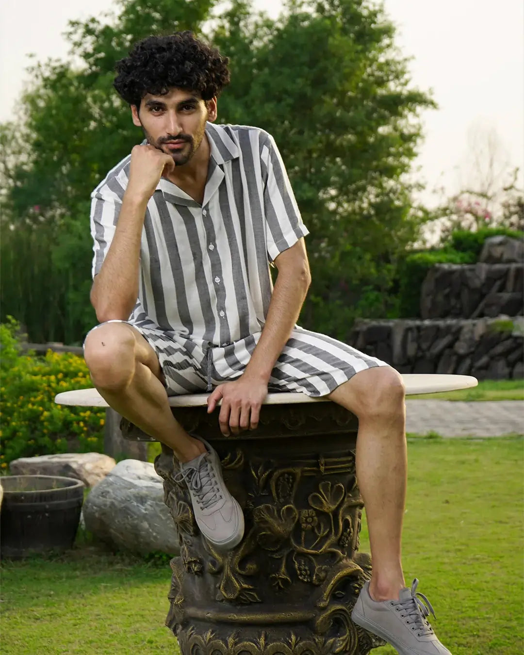 TEXTURED STRIPED CAMP COLLAR SHIRT