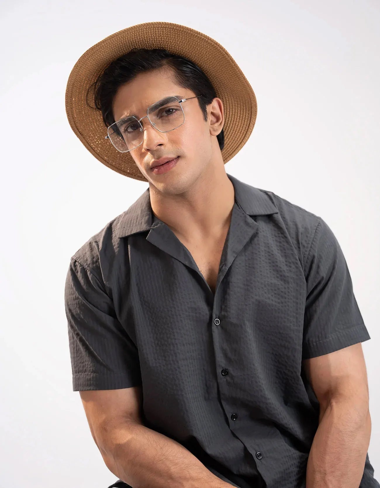 TEXTURED STRIPED CAMP COLLAR SHIRT