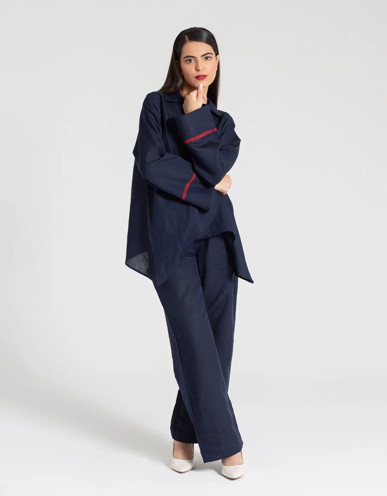 TEXTURED COLLARED A-LINE SHIRT WITH TROUSER