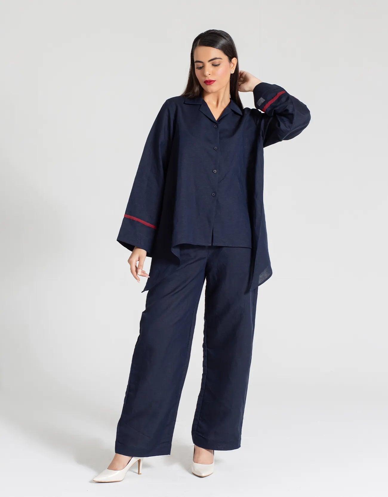 TEXTURED COLLARED A-LINE SHIRT WITH TROUSER