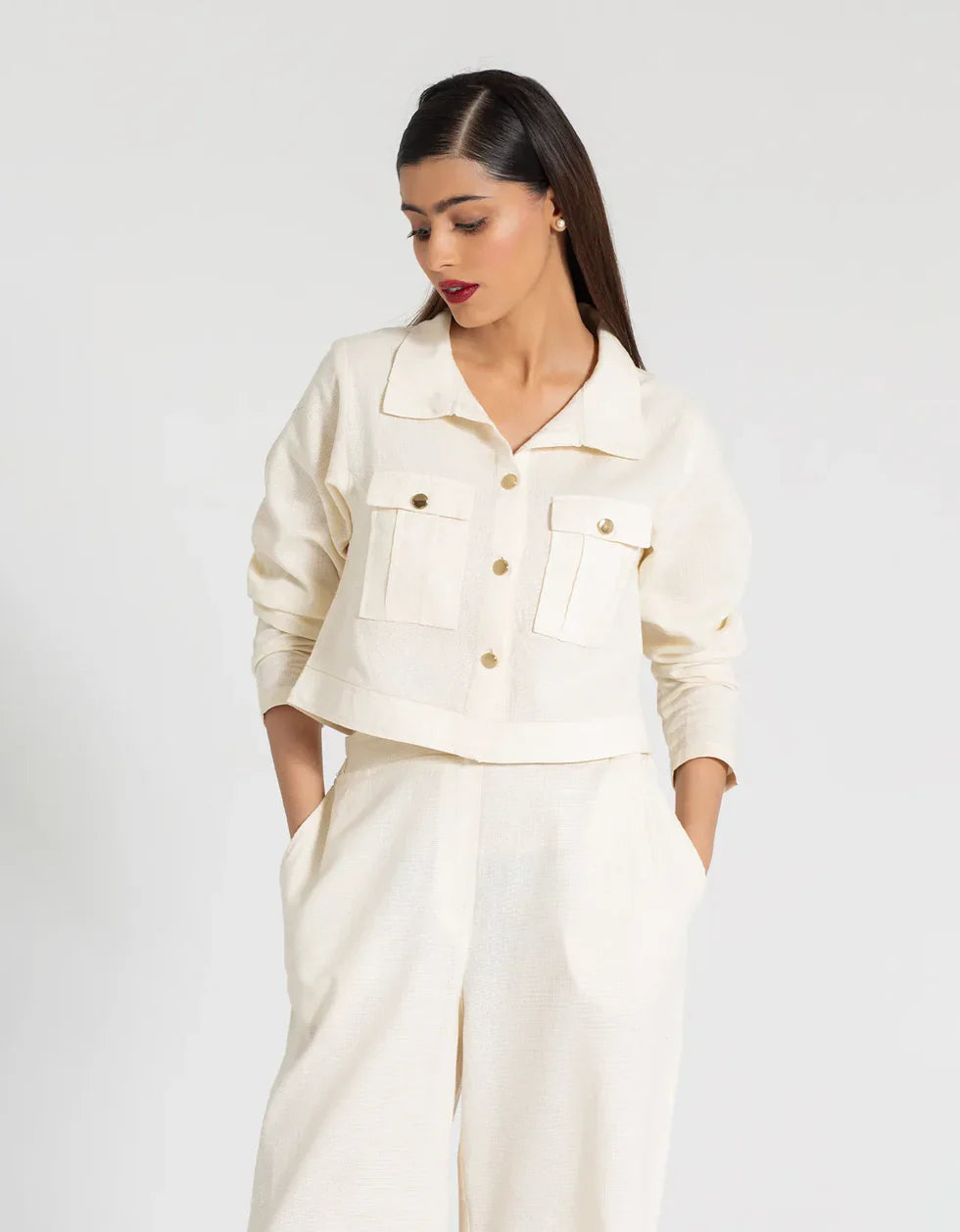 JACQUARD CROPPED SHIRT WITH FLAP POCKETS